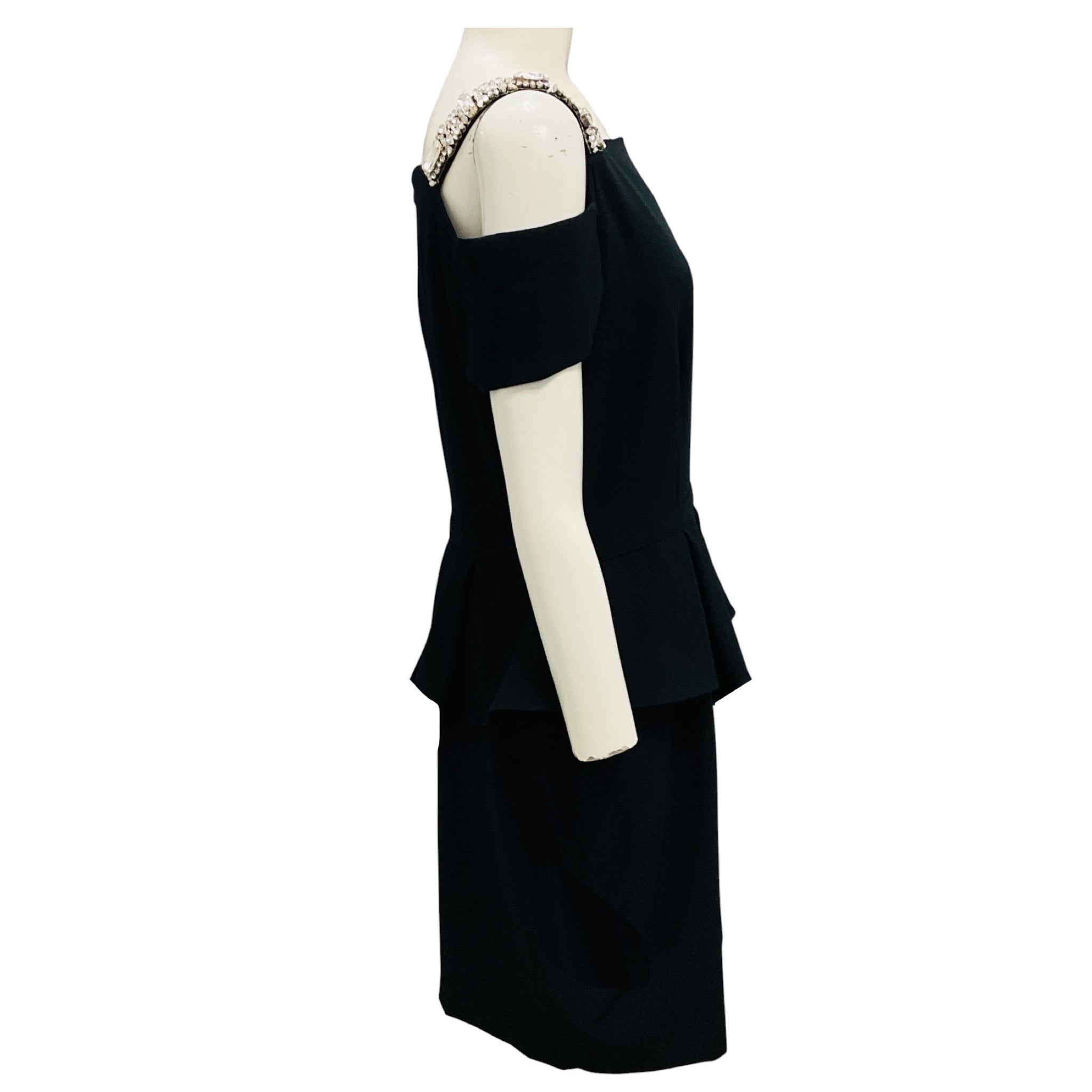 Raoul Black Crystal Embellished Cold Shoulder Crepe Peplum Cocktail Dress