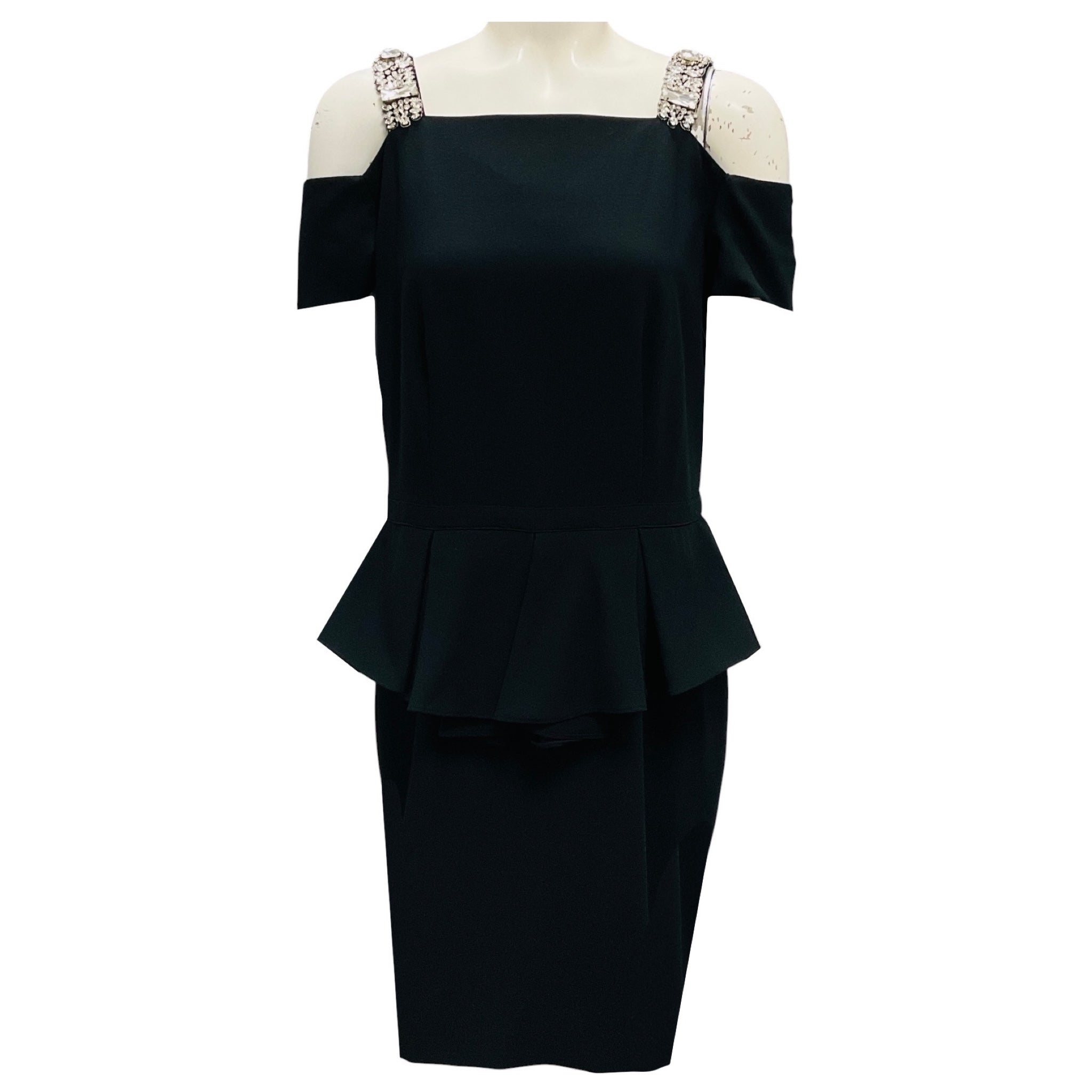 Raoul Black Crystal Embellished Cold Shoulder Crepe Peplum Cocktail Dress