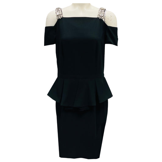 Raoul Black Crystal Embellished Cold Shoulder Crepe Peplum Cocktail Dress