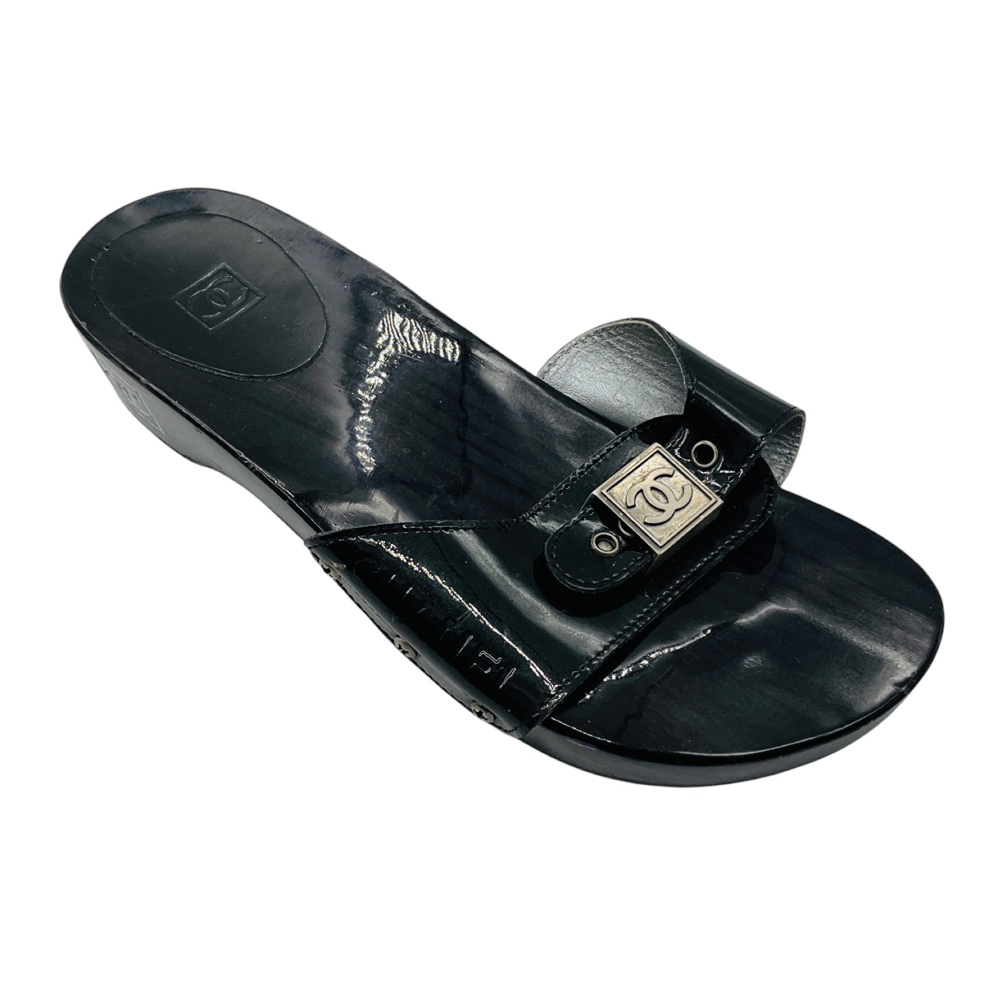 Chanel Black Patent Leather Sandals with Wood Sole and CC Logo Buckle