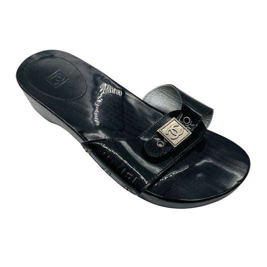 Chanel Black Patent Leather Sandals with Wood Sole and CC Logo Buckle