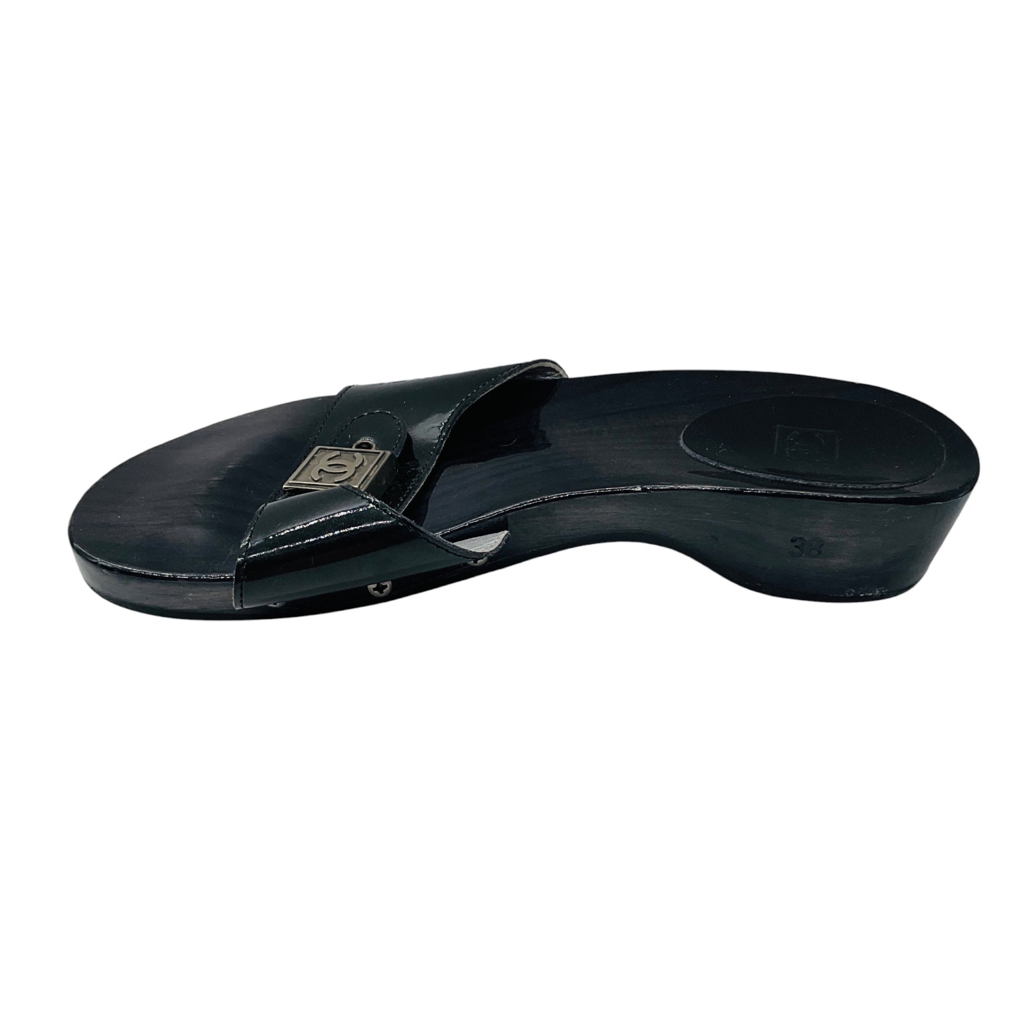 Chanel Black Patent Leather Sandals with Wood Sole and CC Logo Buckle