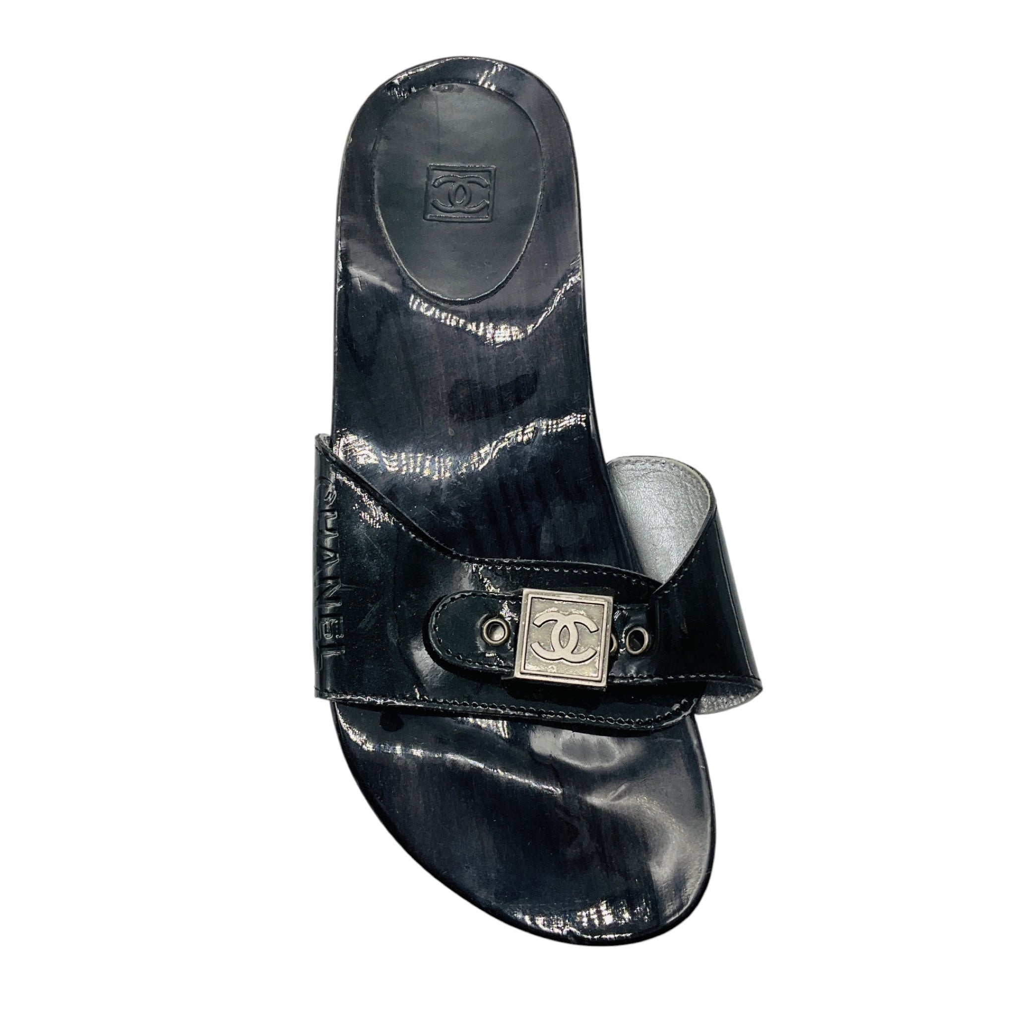 Chanel Black Patent Leather Sandals with Wood Sole and CC Logo Buckle