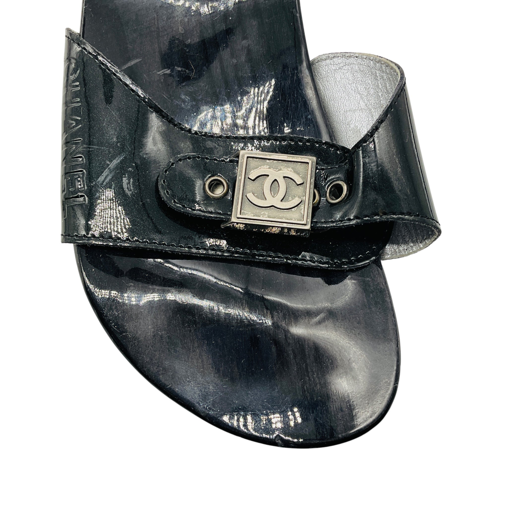 Chanel Black Patent Leather Sandals with Wood Sole and CC Logo Buckle