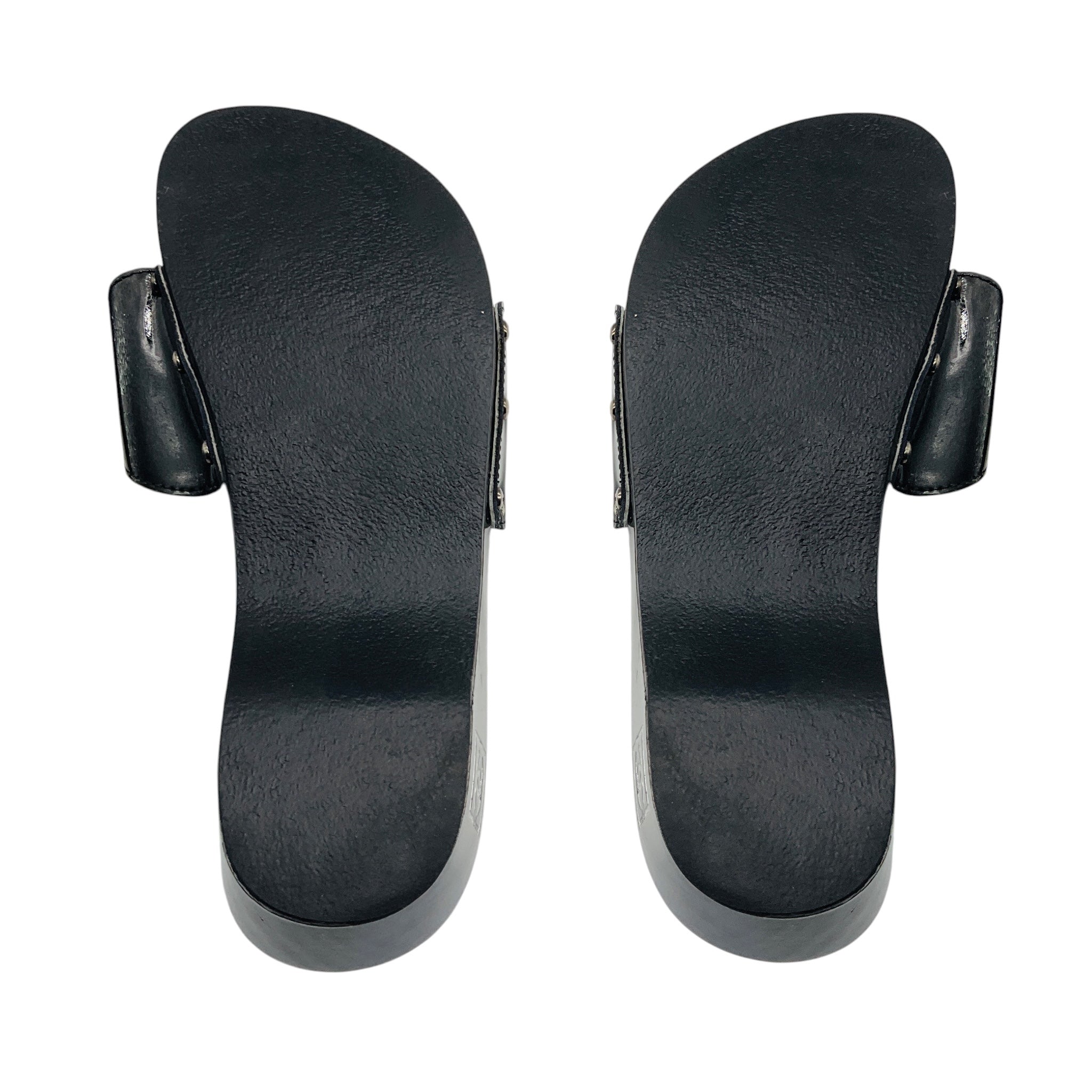 Chanel Black Patent Leather Sandals with Wood Sole and CC Logo Buckle