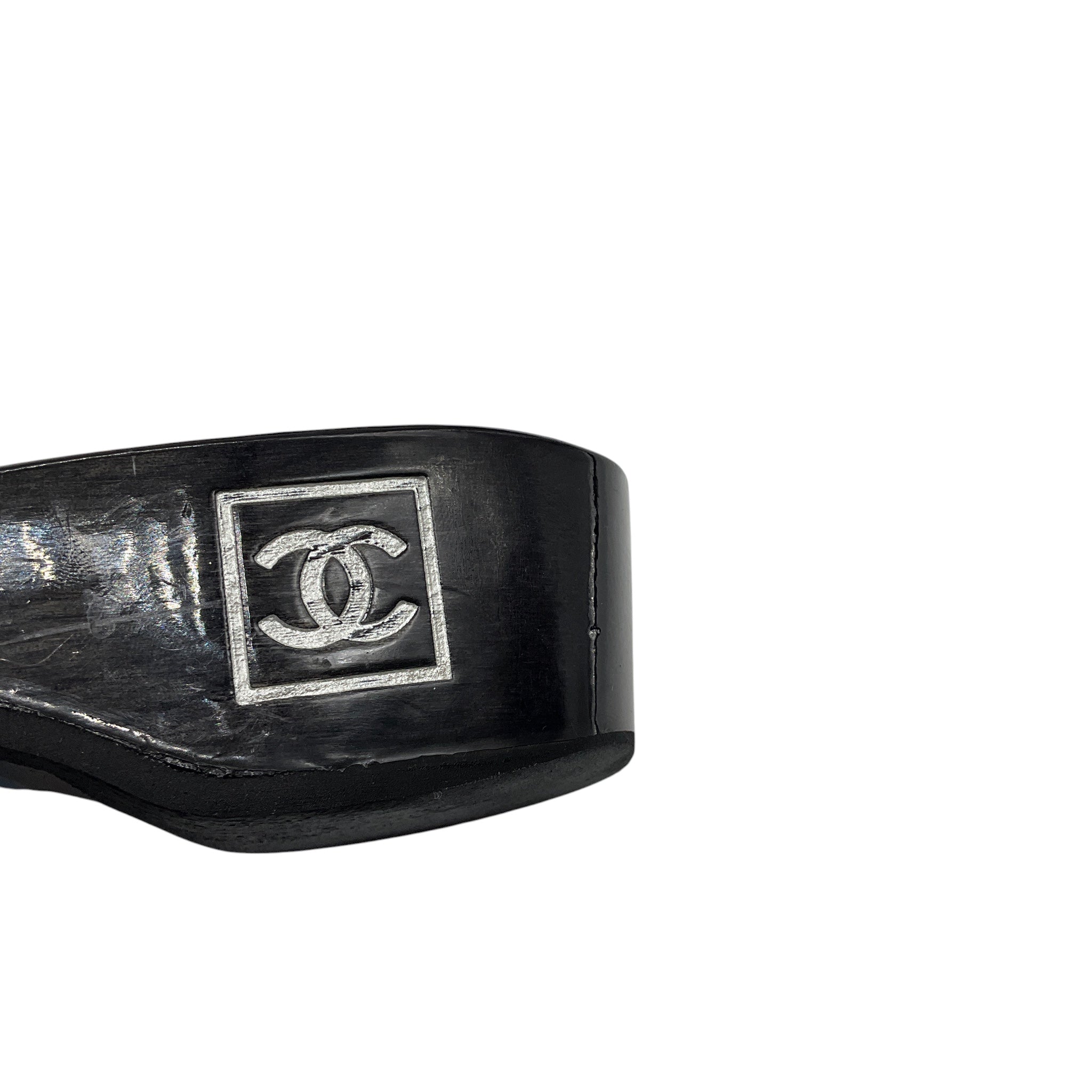 Chanel Black Patent Leather Sandals with Wood Sole and CC Logo Buckle