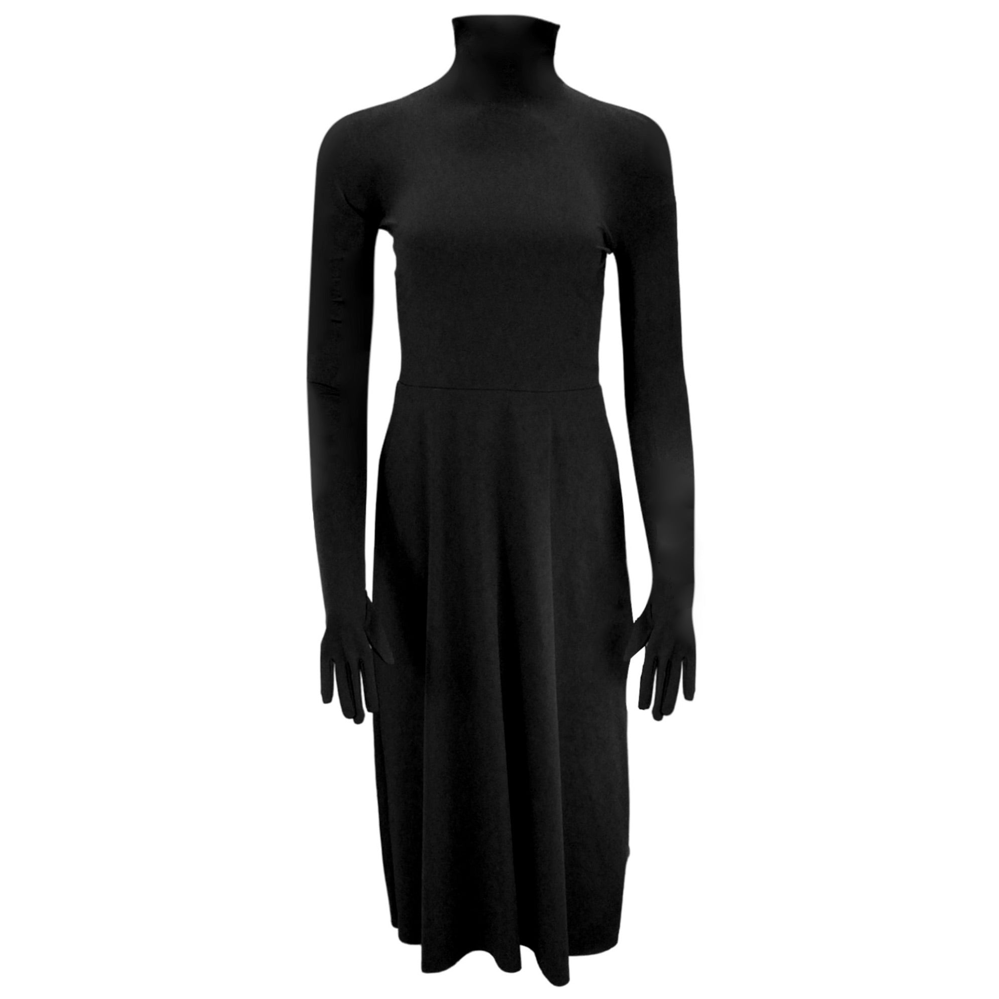 Balenciaga Black Long Sleeved Turtleneck Nylon Stretch Dress with matching gloves