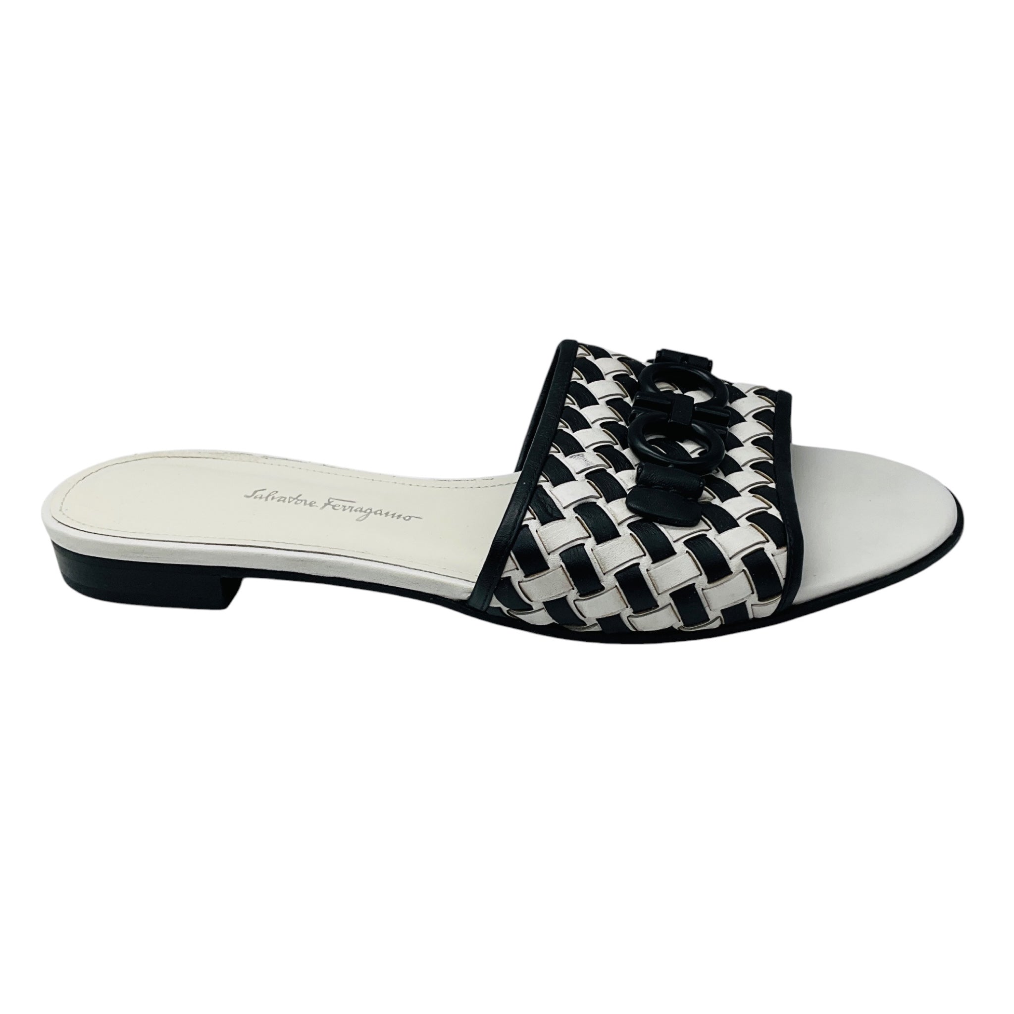 Salvatore Ferragamo Black / White Rhodes Logo Buckle Woven Leather Flat Slide Sandals
