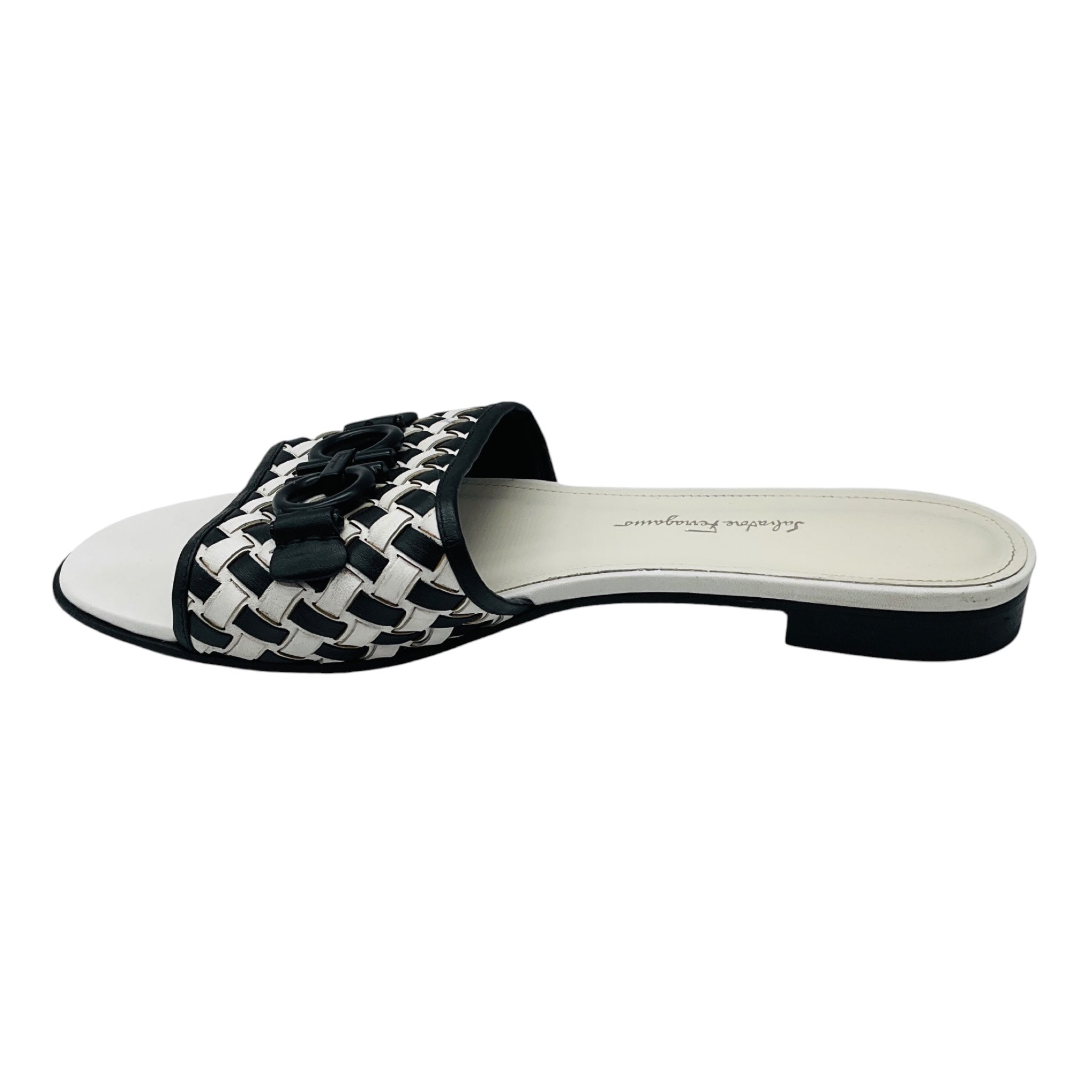 Salvatore Ferragamo Black / White Rhodes Logo Buckle Woven Leather Flat Slide Sandals
