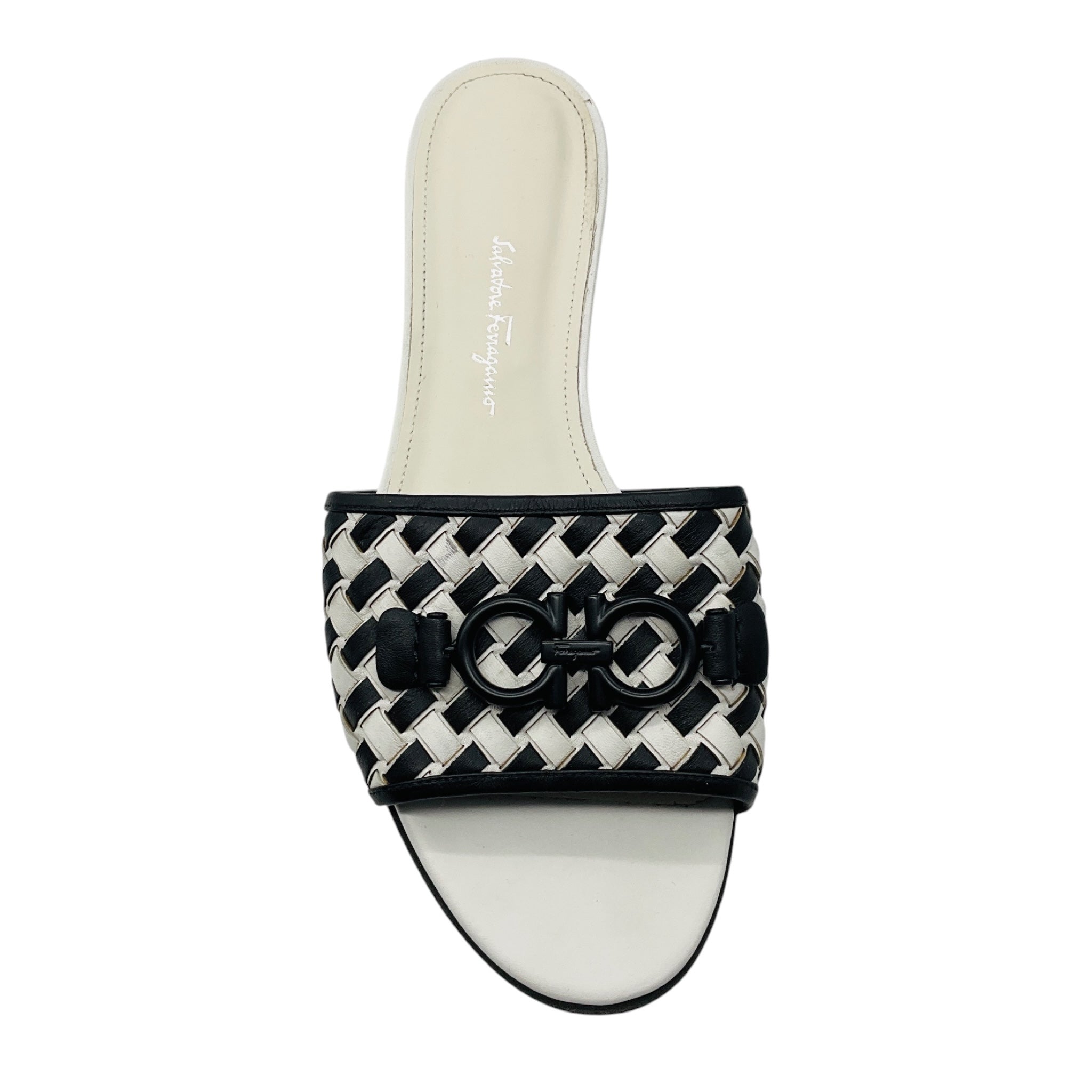 Salvatore Ferragamo Black / White Rhodes Logo Buckle Woven Leather Flat Slide Sandals