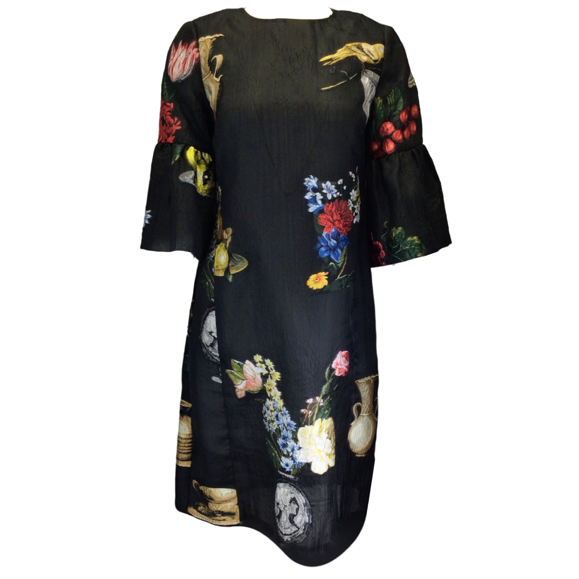 Oscar de la Renta Black Multi Printed Jacquard Dress