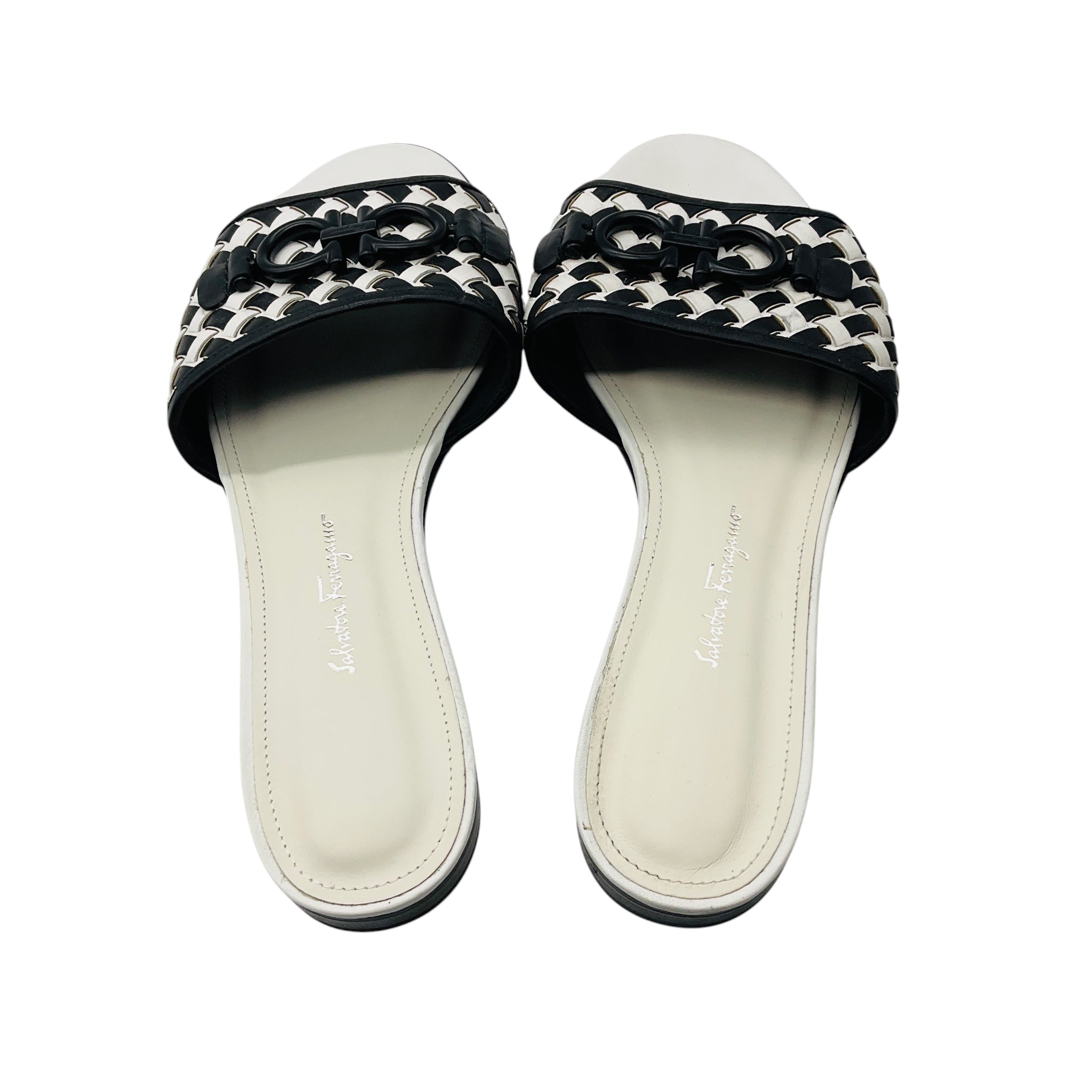 Salvatore Ferragamo Black / White Rhodes Logo Buckle Woven Leather Flat Slide Sandals