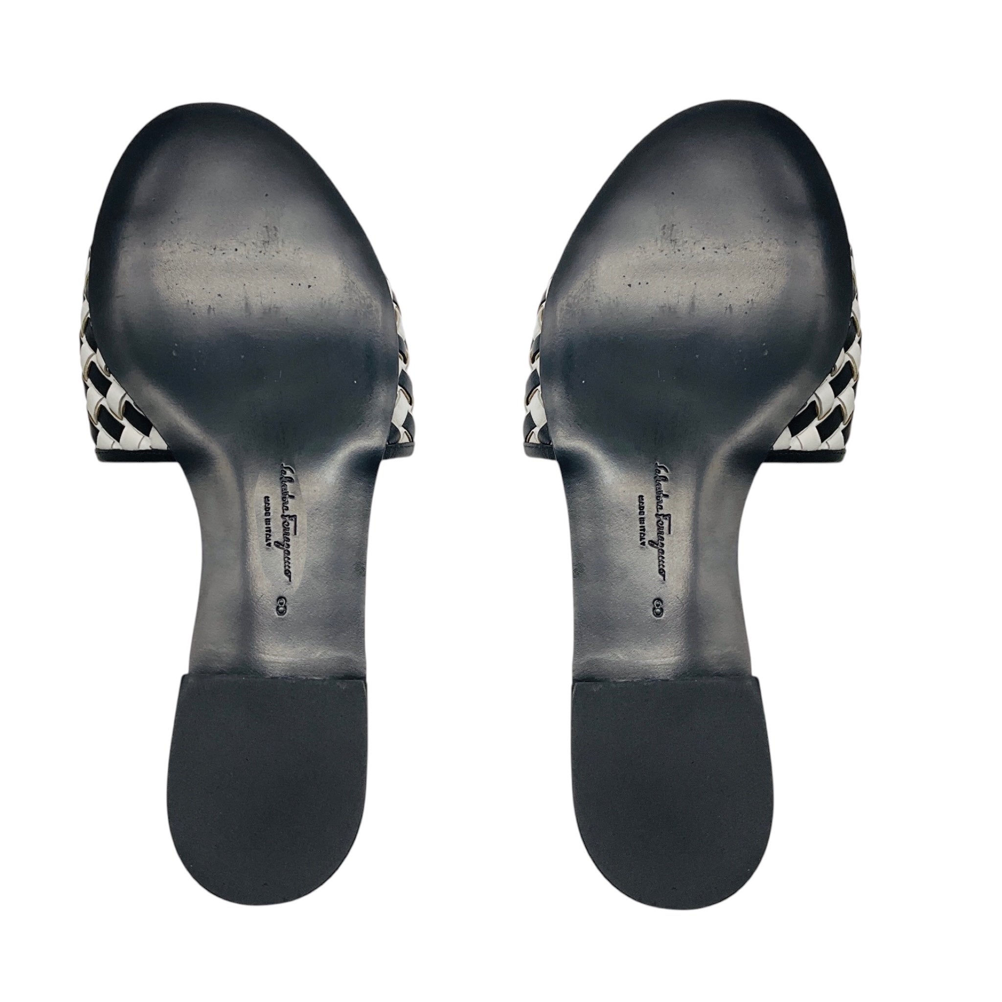 Salvatore Ferragamo Black / White Rhodes Logo Buckle Woven Leather Flat Slide Sandals