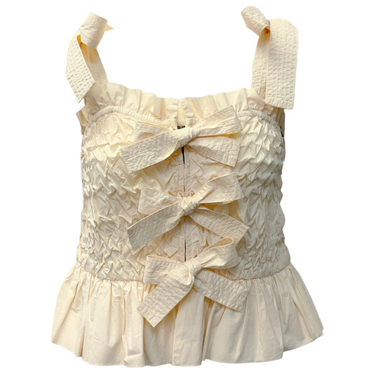 Ulla Johnson Cream Cotton Ruched Bow Front Top
