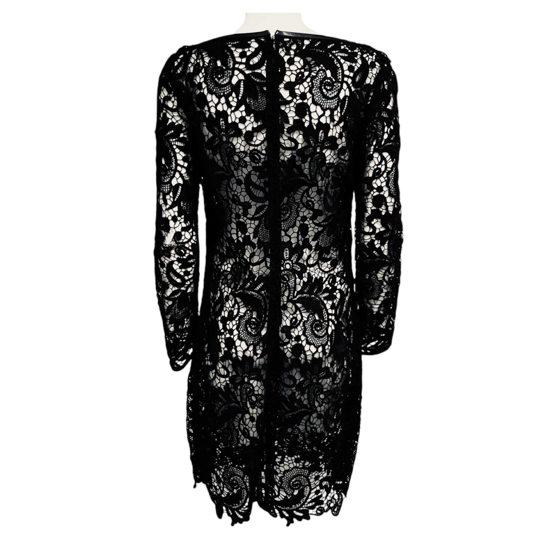 Ralph Lauren Black Label Black Long Sleeved Embroidered Floral Lace Cocktail Dress with Leather Trim