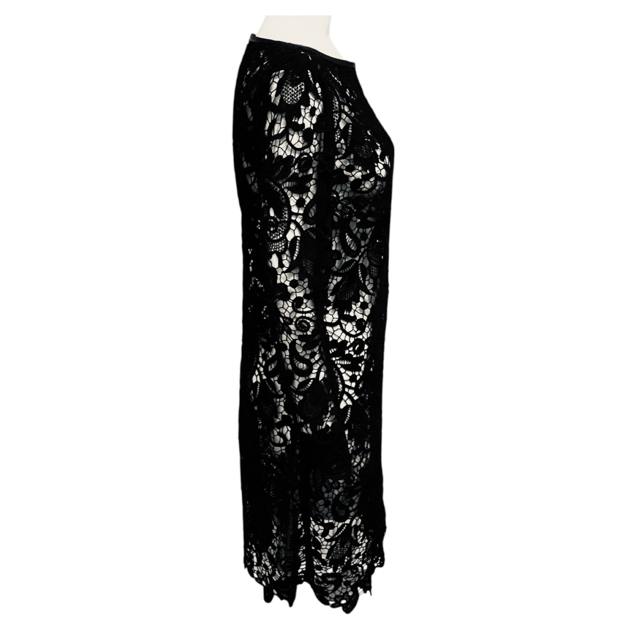 Ralph Lauren Black Label Black Long Sleeved Embroidered Floral Lace Cocktail Dress with Leather Trim