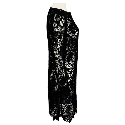Ralph Lauren Black Label Black Long Sleeved Embroidered Floral Lace Cocktail Dress with Leather Trim