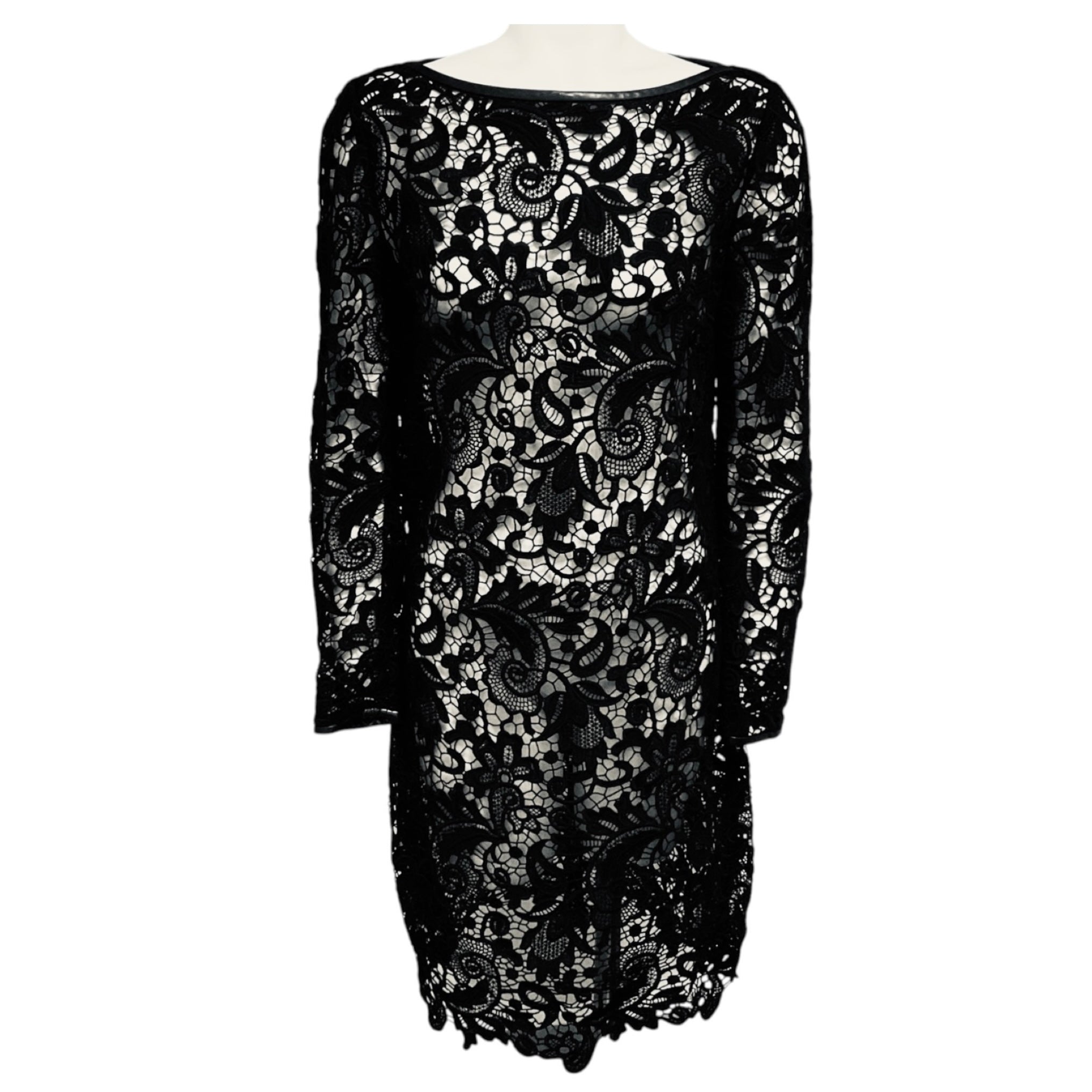Ralph Lauren Black Label Black Long Sleeved Embroidered Floral Lace Cocktail Dress with Leather Trim