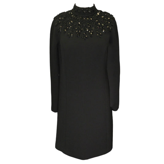 Carolina Herrera Black Bejeweled Long Sleeved Crepe Dress