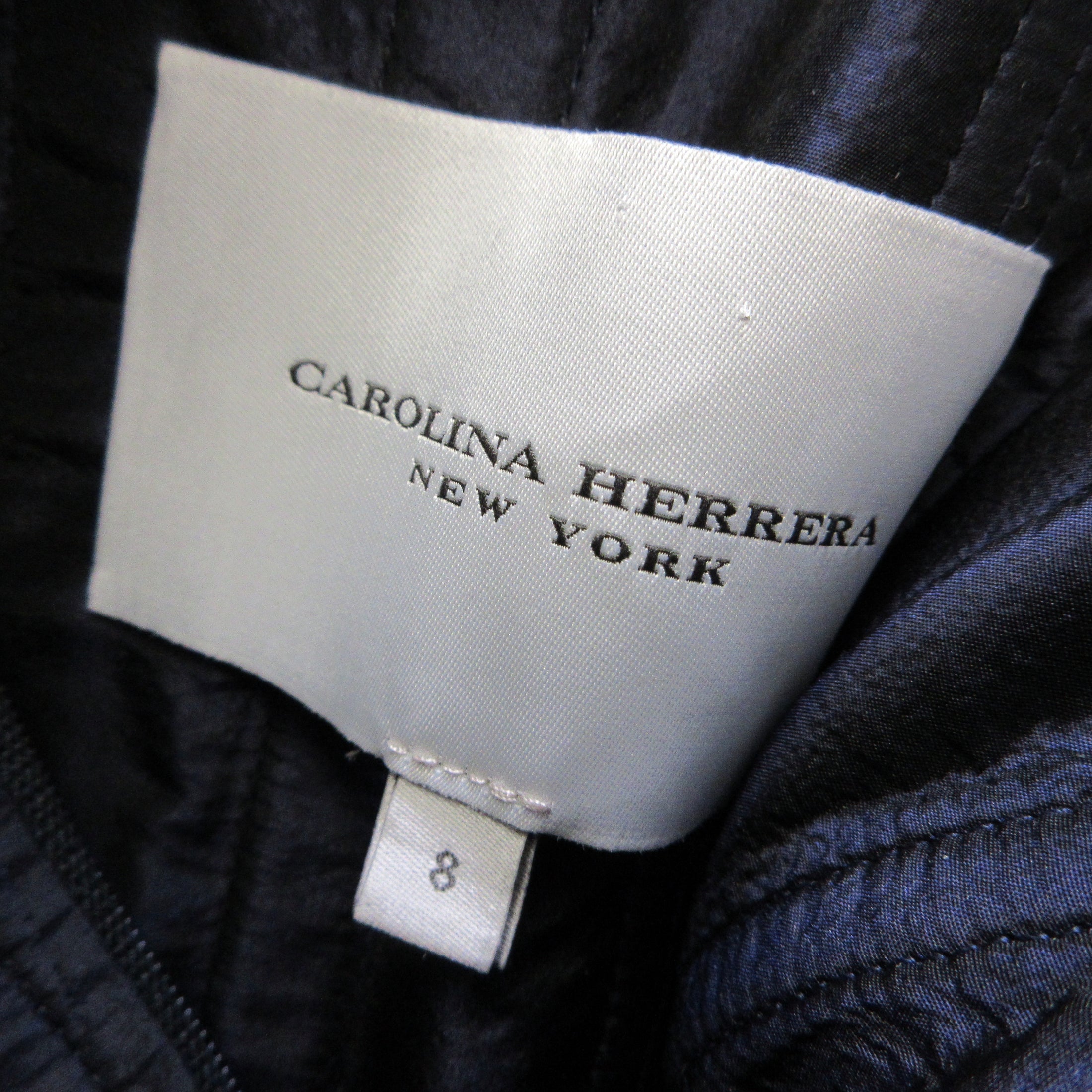 Carolina Herrera Navy Blue / White / Black Floral Embroidered Strapless A-Line Silk Dress