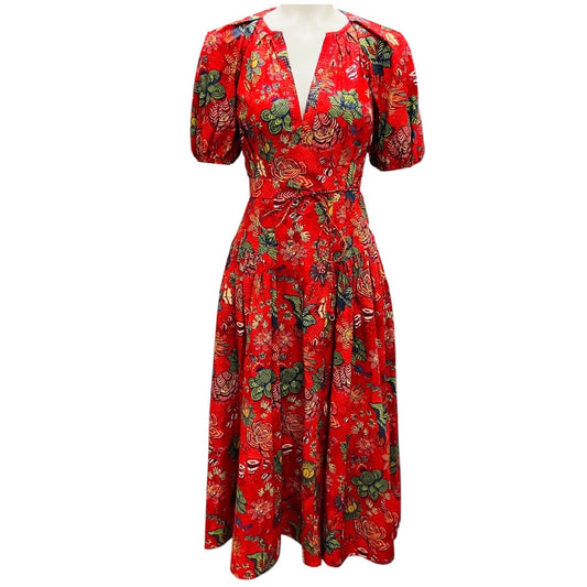 Ulla Johnson Red Multi Carina Hibiscus Floral Print Puff Sleeve Cotton Midi Dress