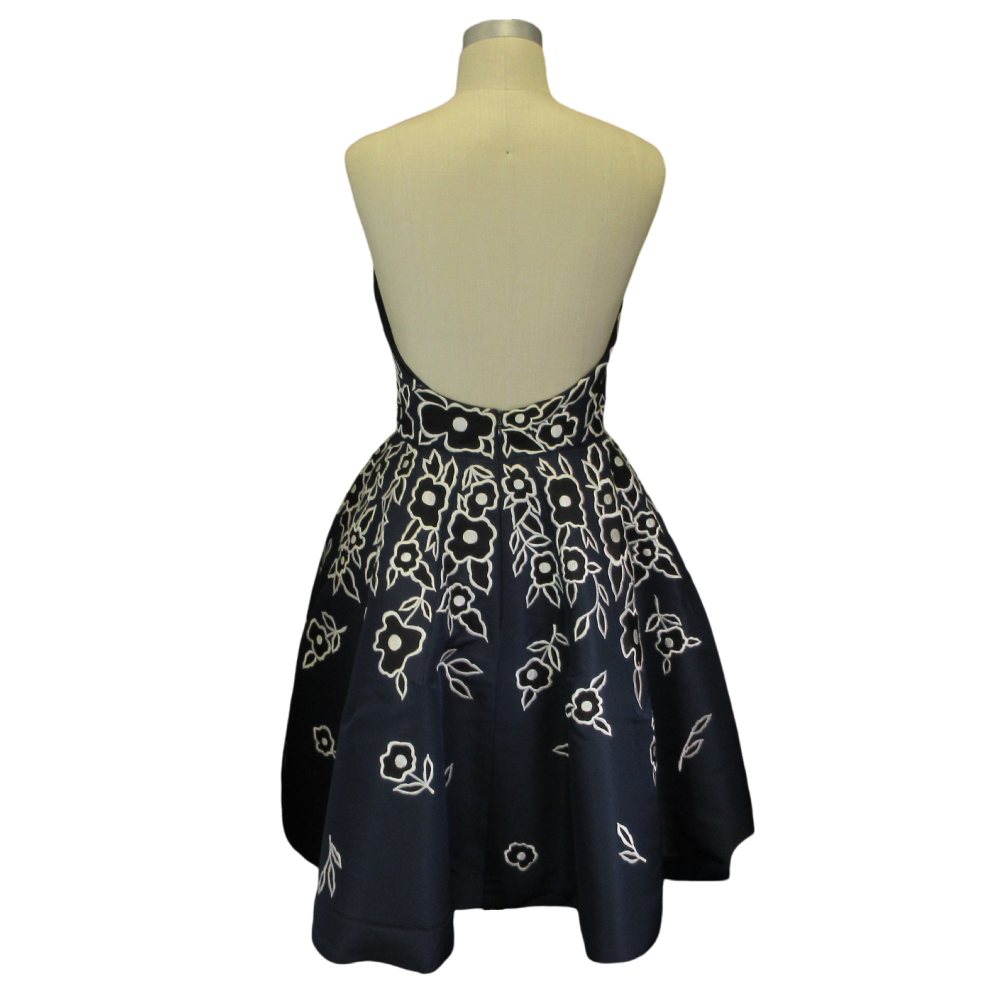 Carolina Herrera Navy Blue / White / Black Floral Embroidered Strapless A-Line Silk Dress