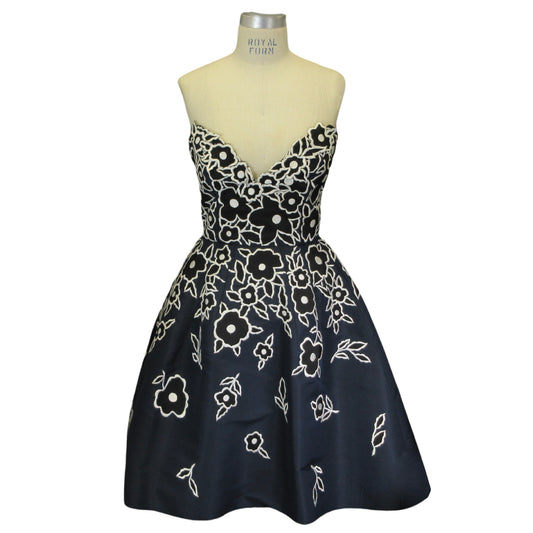 Carolina Herrera Navy Blue / White / Black Floral Embroidered Strapless A-Line Silk Dress