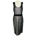 Load image into Gallery viewer, Boutique Moschino Silver Metallic / Black Elastic Band Trim Glitter Lurex Sheath Midi Dress
