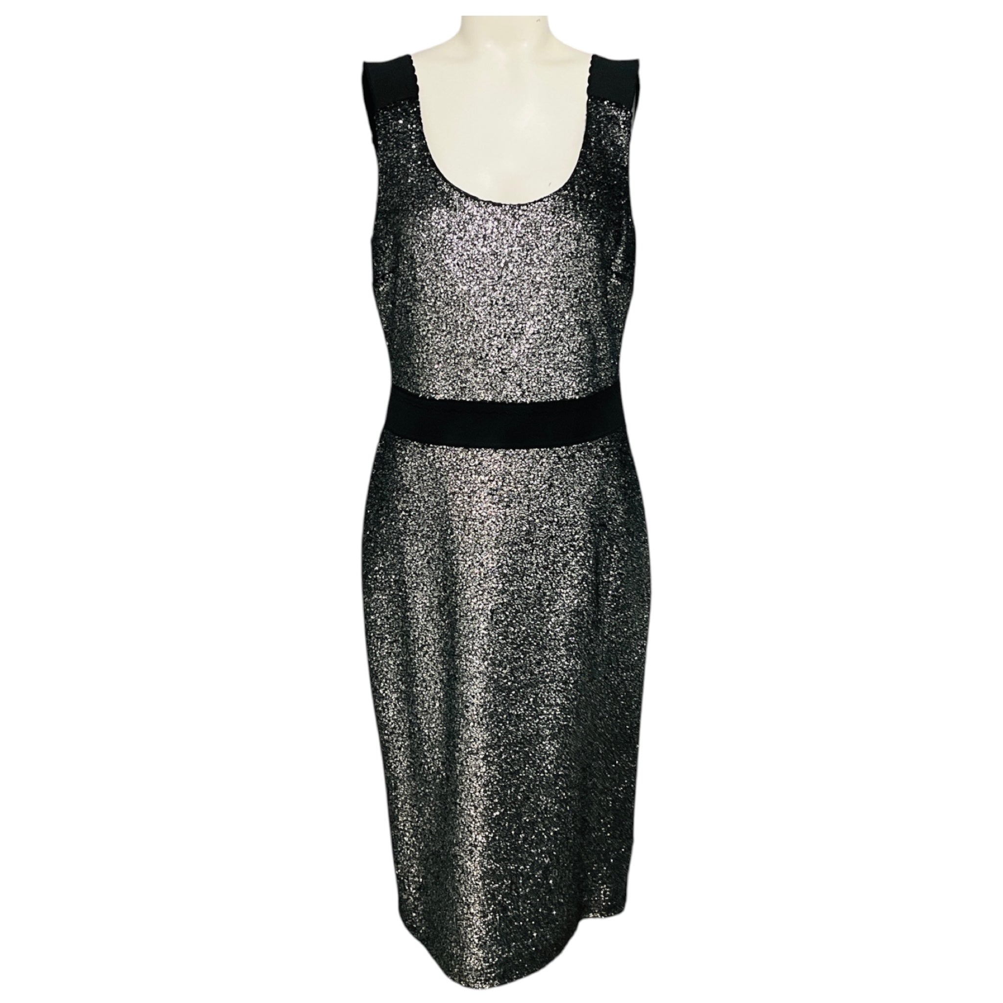 Boutique Moschino Silver Metallic / Black Elastic Band Trim Glitter Lurex Sheath Midi Dress