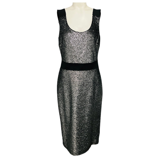 Boutique Moschino Silver Metallic / Black Elastic Band Trim Glitter Lurex Sheath Midi Dress