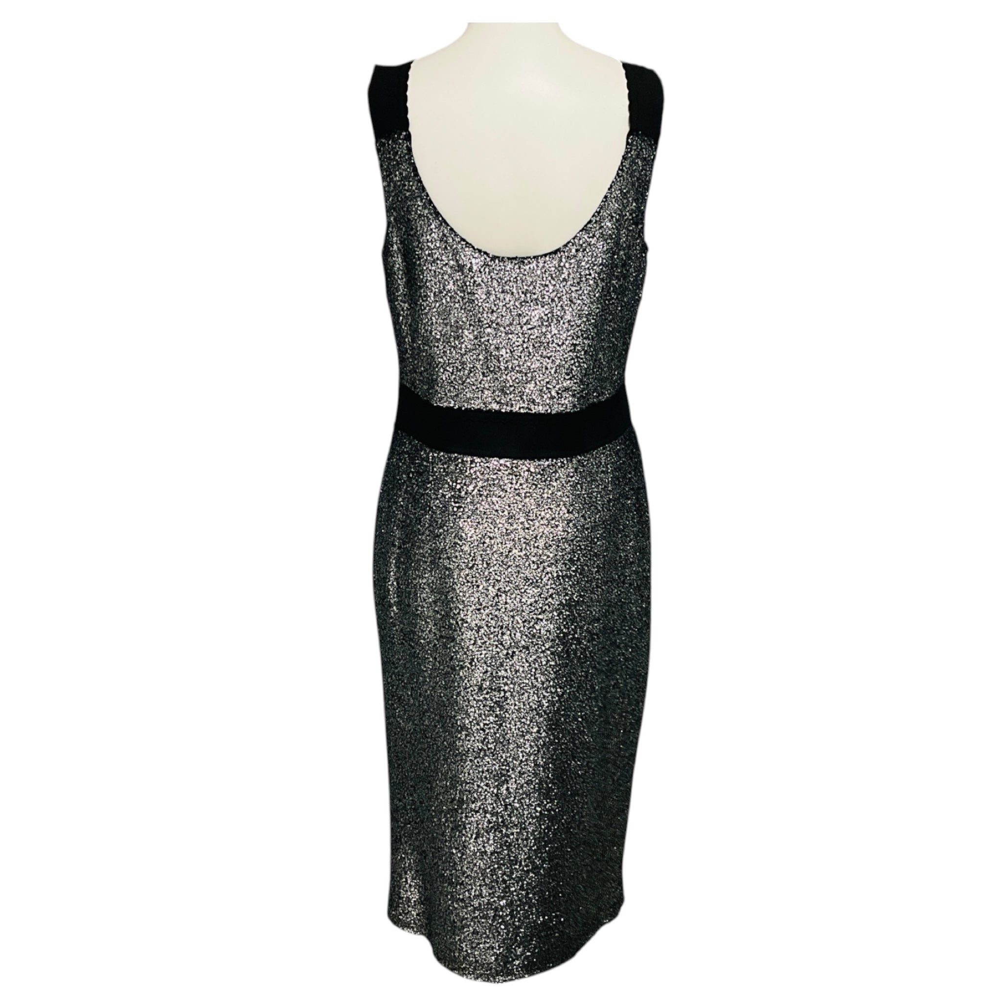 Boutique Moschino Silver Metallic / Black Elastic Band Trim Glitter Lurex Sheath Midi Dress