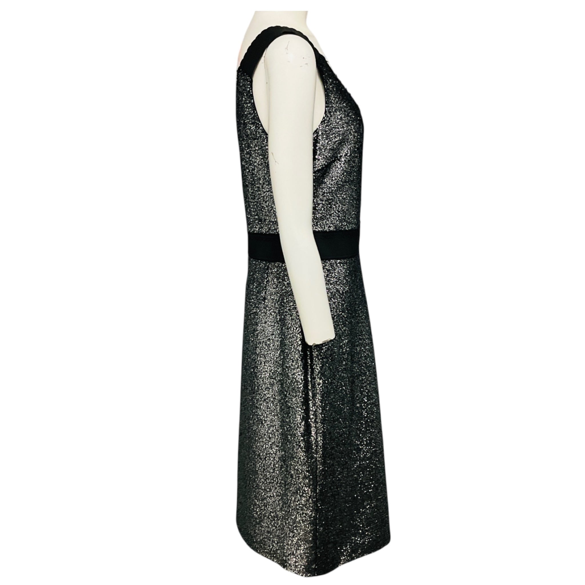 Boutique Moschino Silver Metallic / Black Elastic Band Trim Glitter Lurex Sheath Midi Dress