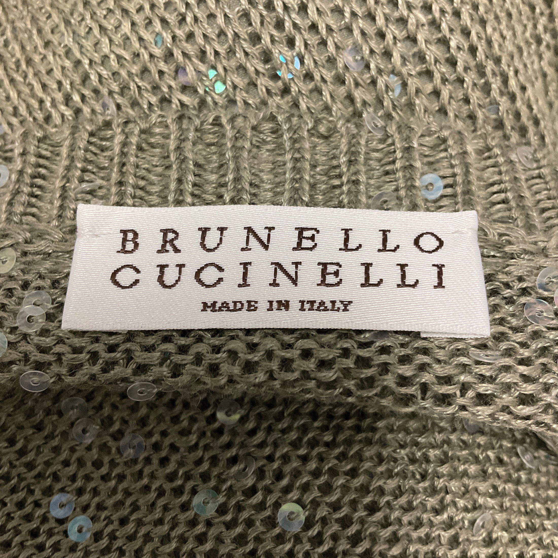 Brunello Cucinelli Olive Green Sequined Linen and Silk Knit Dress with Slip