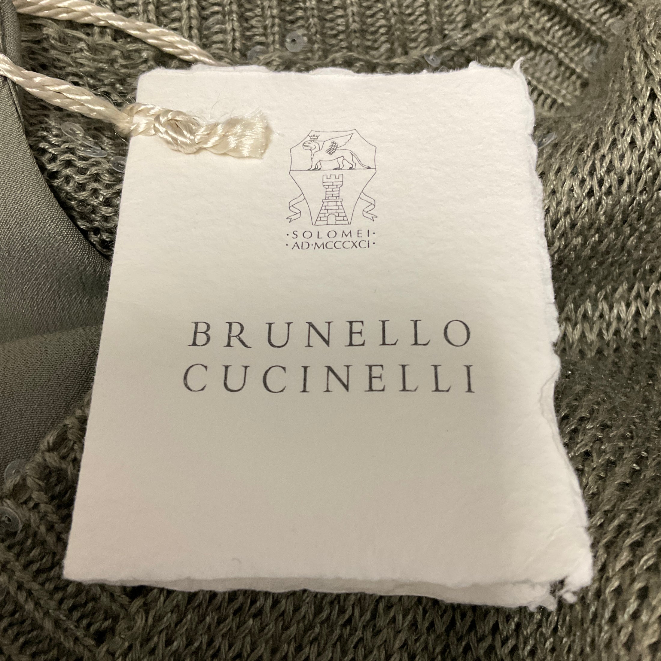 Brunello Cucinelli Olive Green Sequined Linen and Silk Knit Dress with Slip