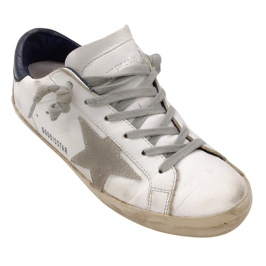Golden Goose Deluxe Brand White / Navy Blue / Grey Suede Trimmed Distressed Low-Top Leather Superstar Sneakers