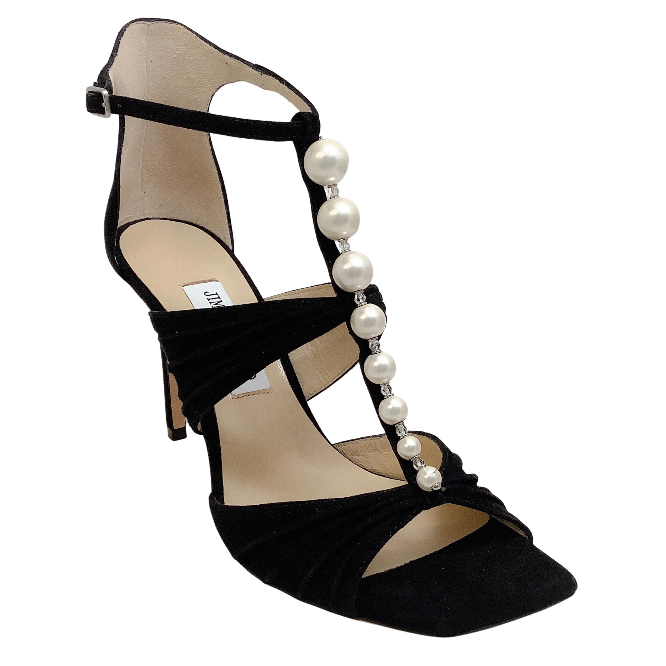 Jimmy Choo Black Suede Aura 95 Sandals With Pearls