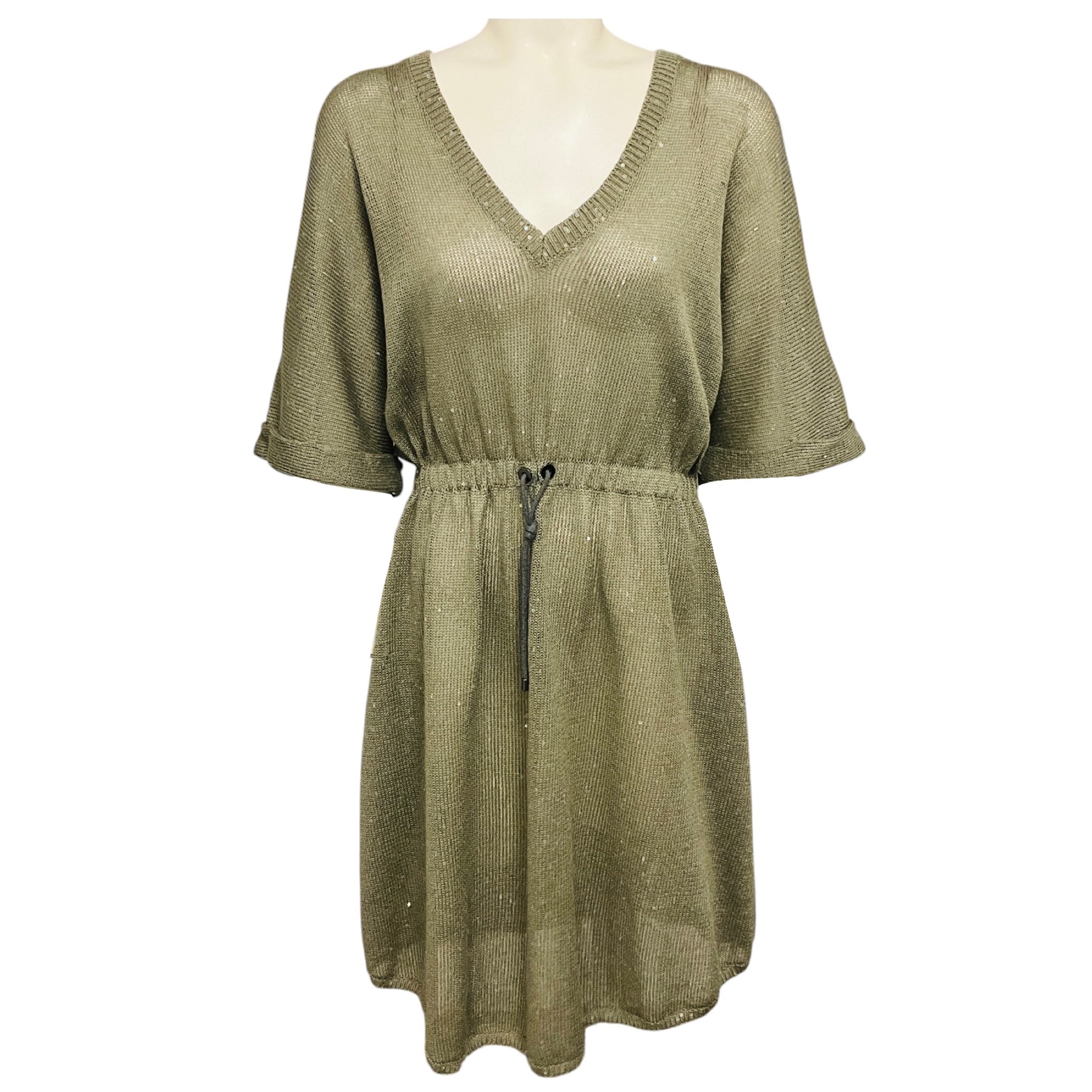 Brunello Cucinelli Olive Green Sequined Linen and Silk Knit Dress with Slip