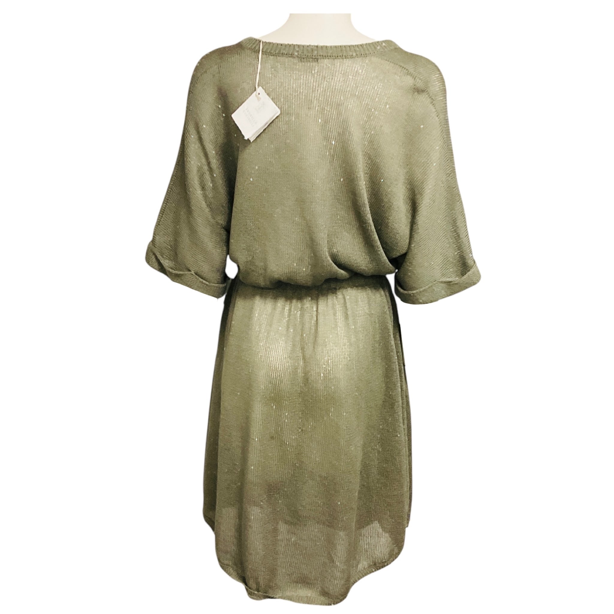 Brunello Cucinelli Olive Green Sequined Linen and Silk Knit Dress with Slip