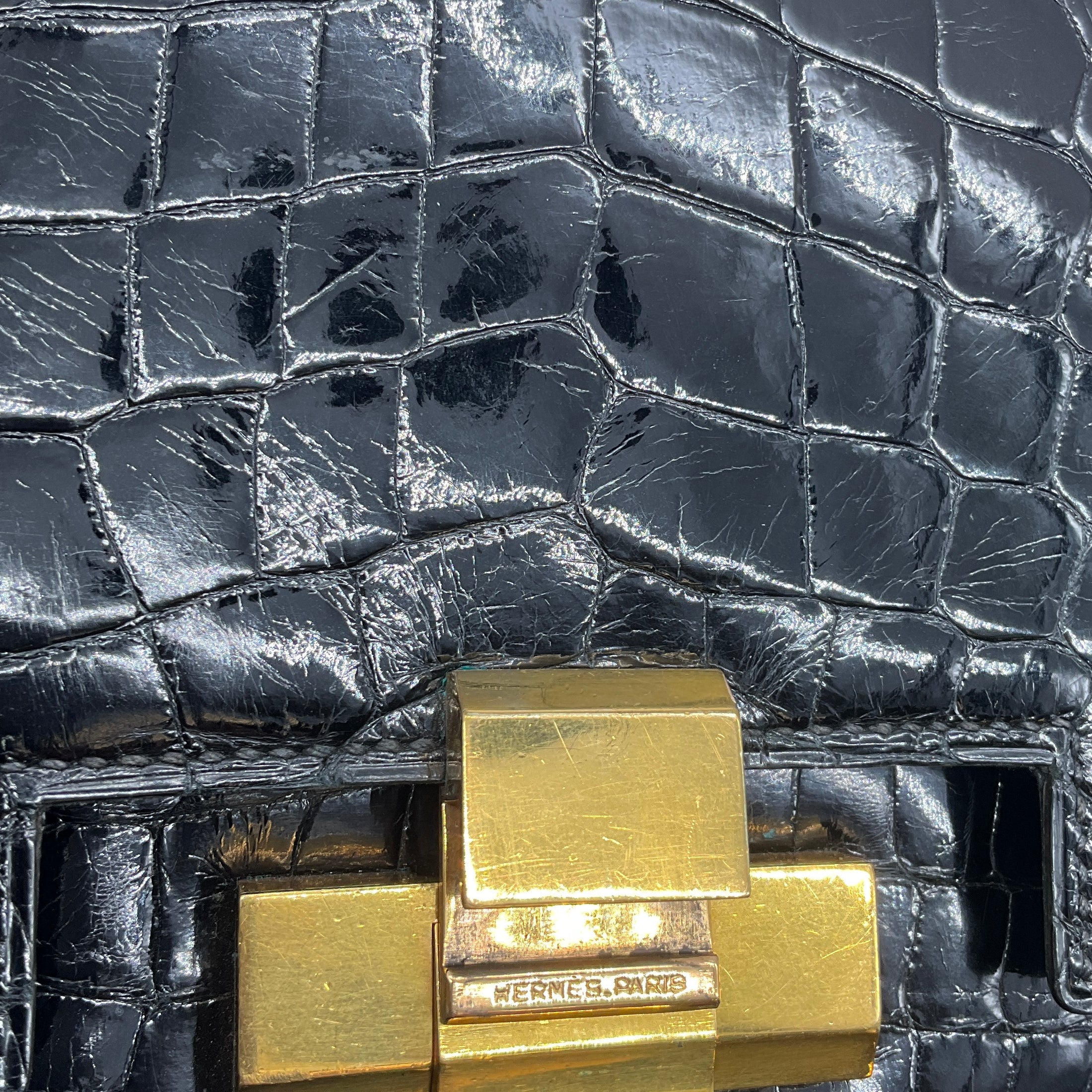 Hermes Rare Vintage Black Crocodile Skin Leather Lido Shoulder Bag