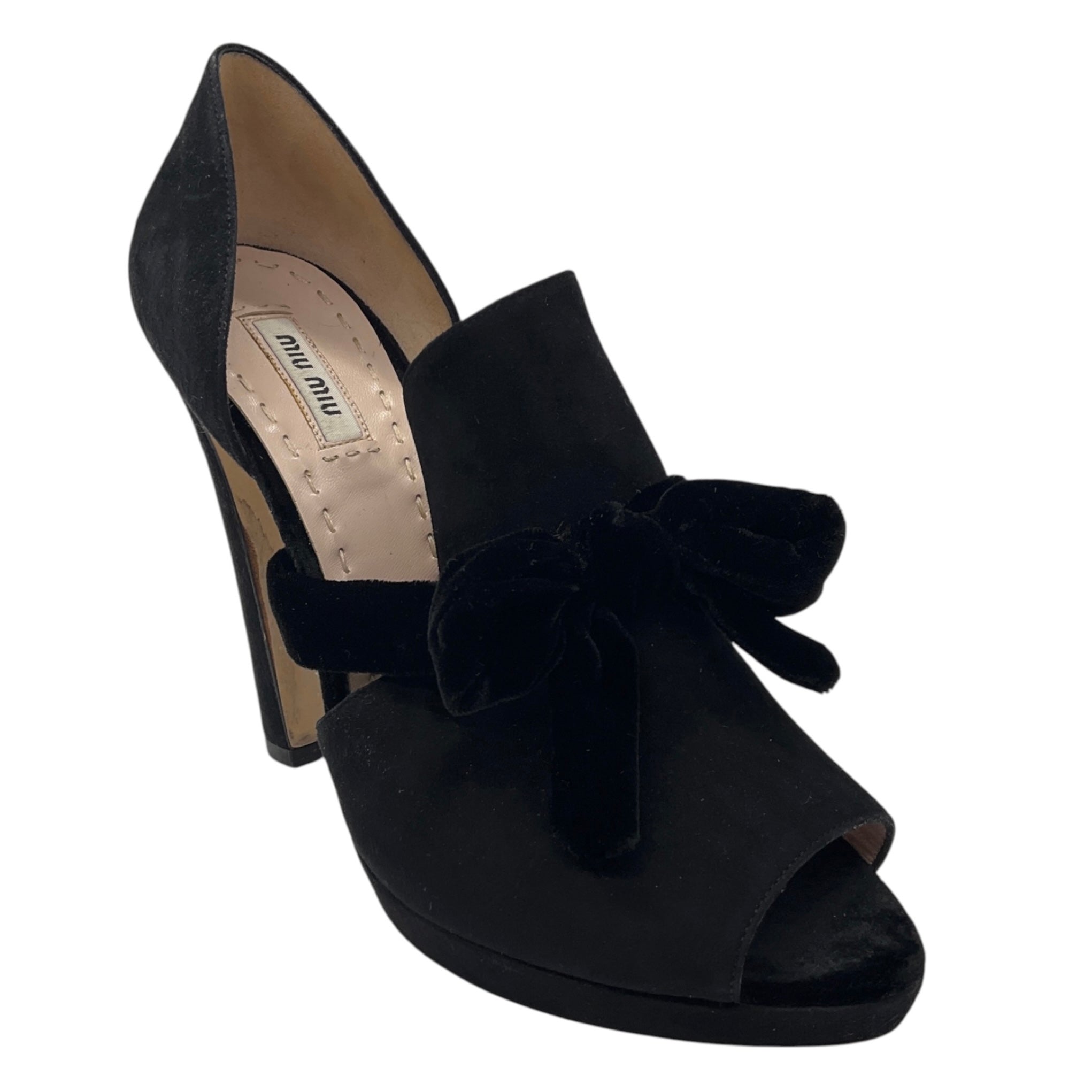 Miu Miu Black Open Toe Suede Heels with Velvet Bow