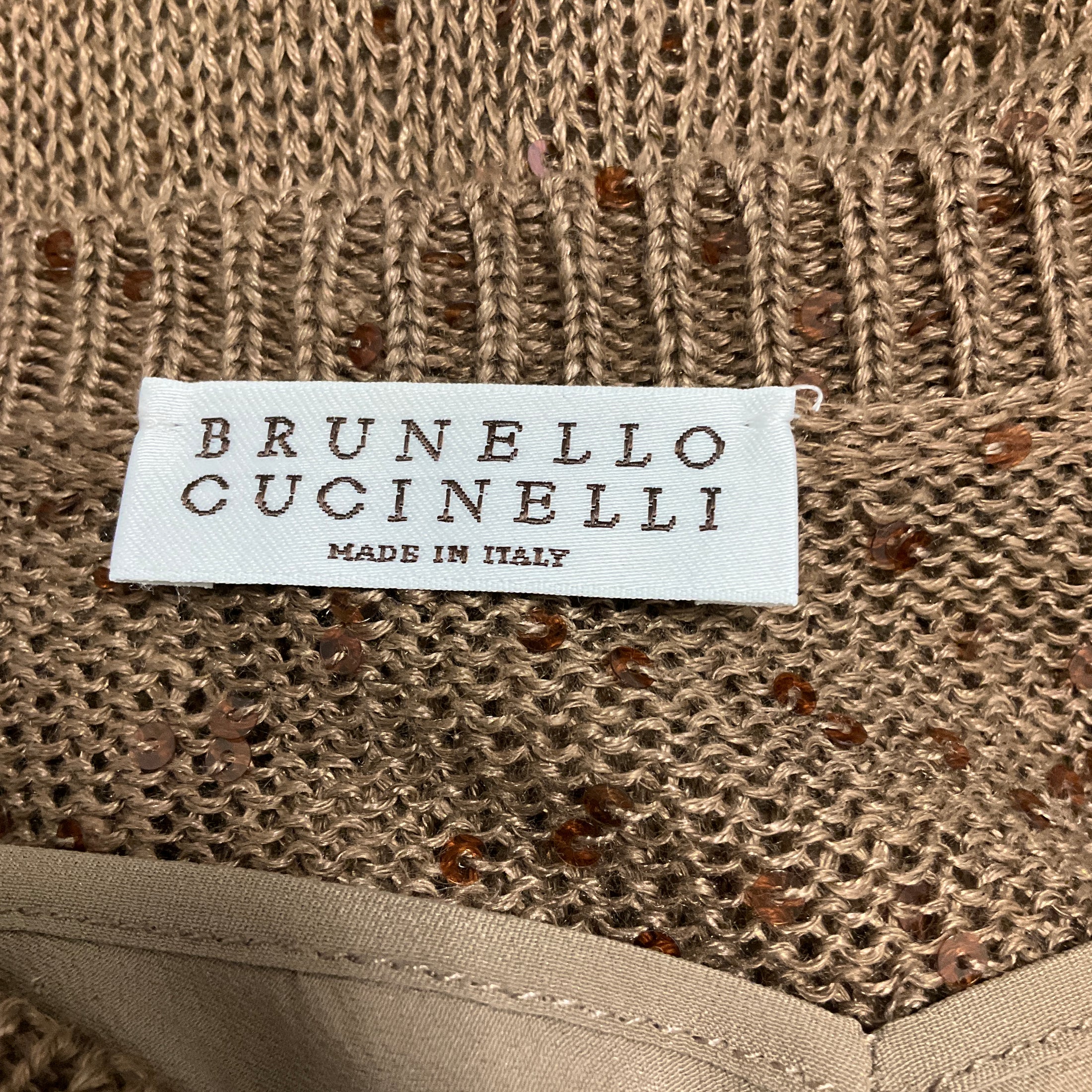 Brunello Cucinelli Taupe Sequined Linen and Silk Knit Dress with Slip