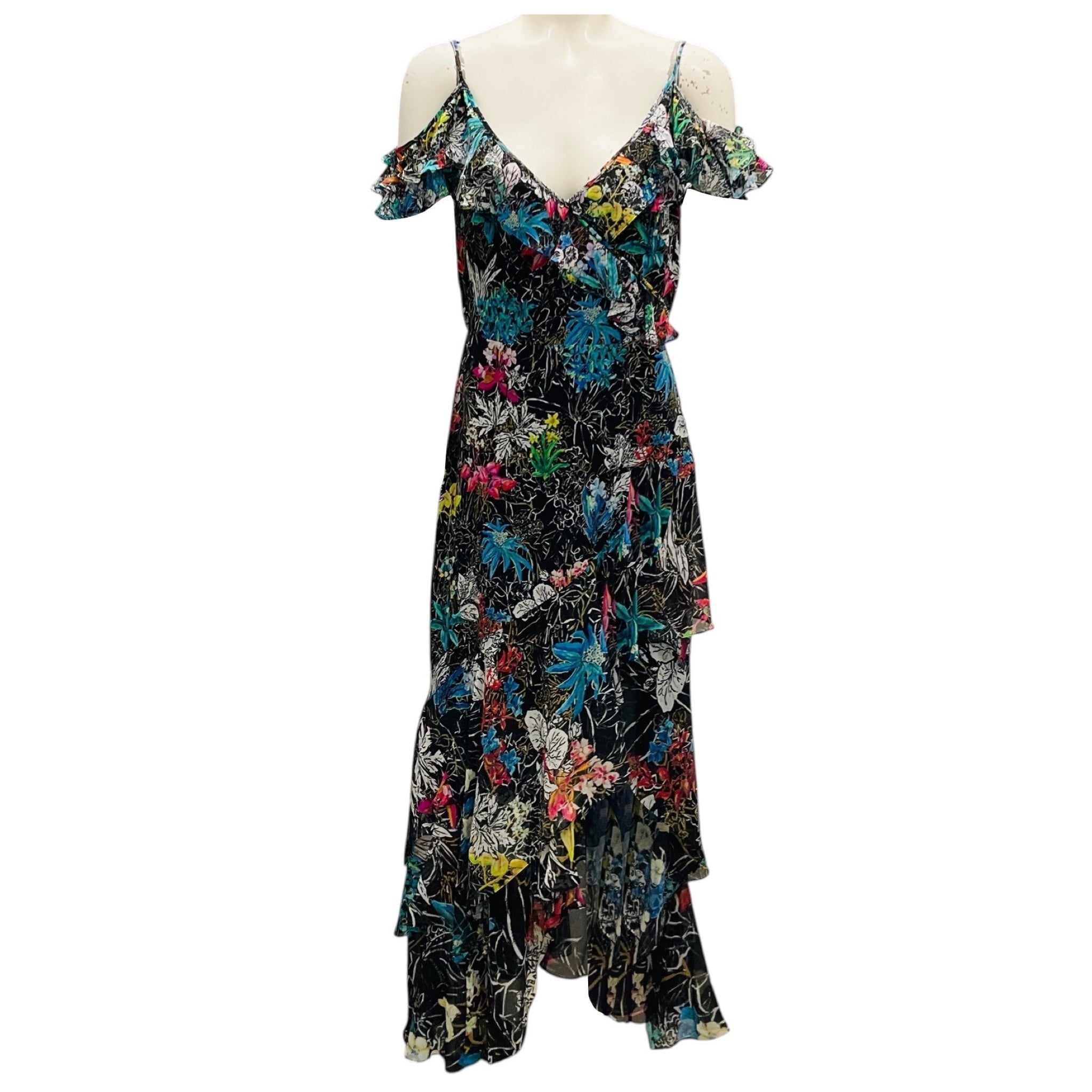 Peter Pilotto Black Multi Floral Printed Cold Shoulder Silk Chiffon Maxi Dress
