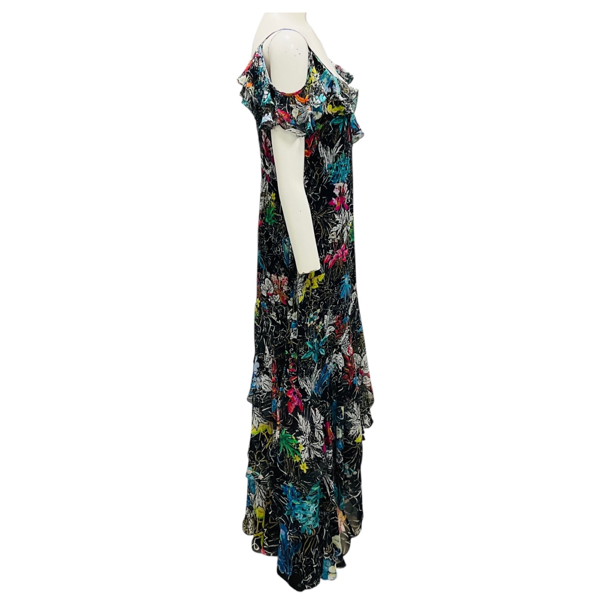 Peter Pilotto Black Multi Floral Printed Cold Shoulder Silk Chiffon Maxi Dress