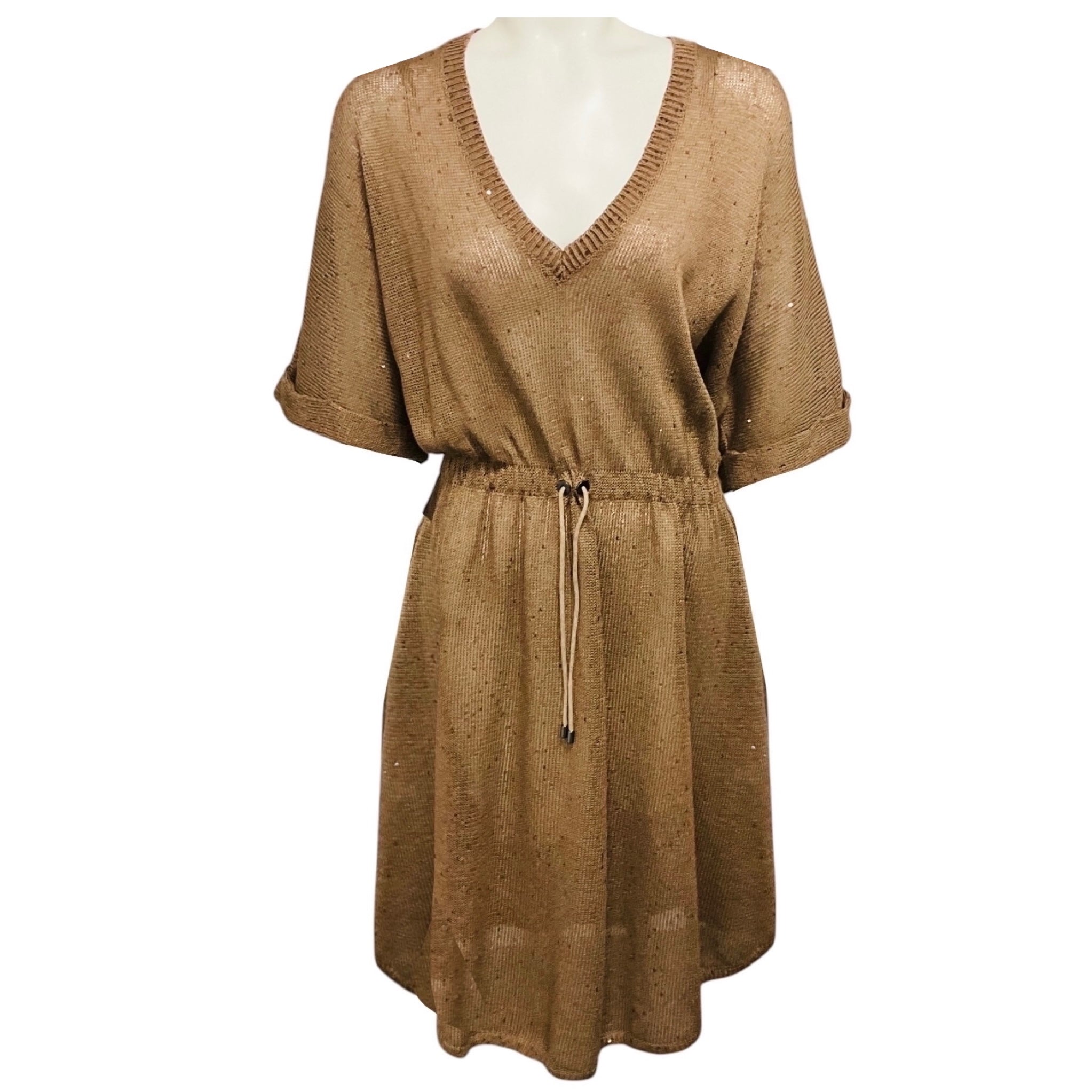 Brunello Cucinelli Taupe Sequined Linen and Silk Knit Dress with Slip