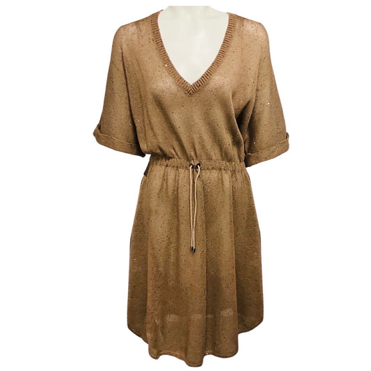 Brunello Cucinelli Taupe Sequined Linen and Silk Knit Dress with Slip
