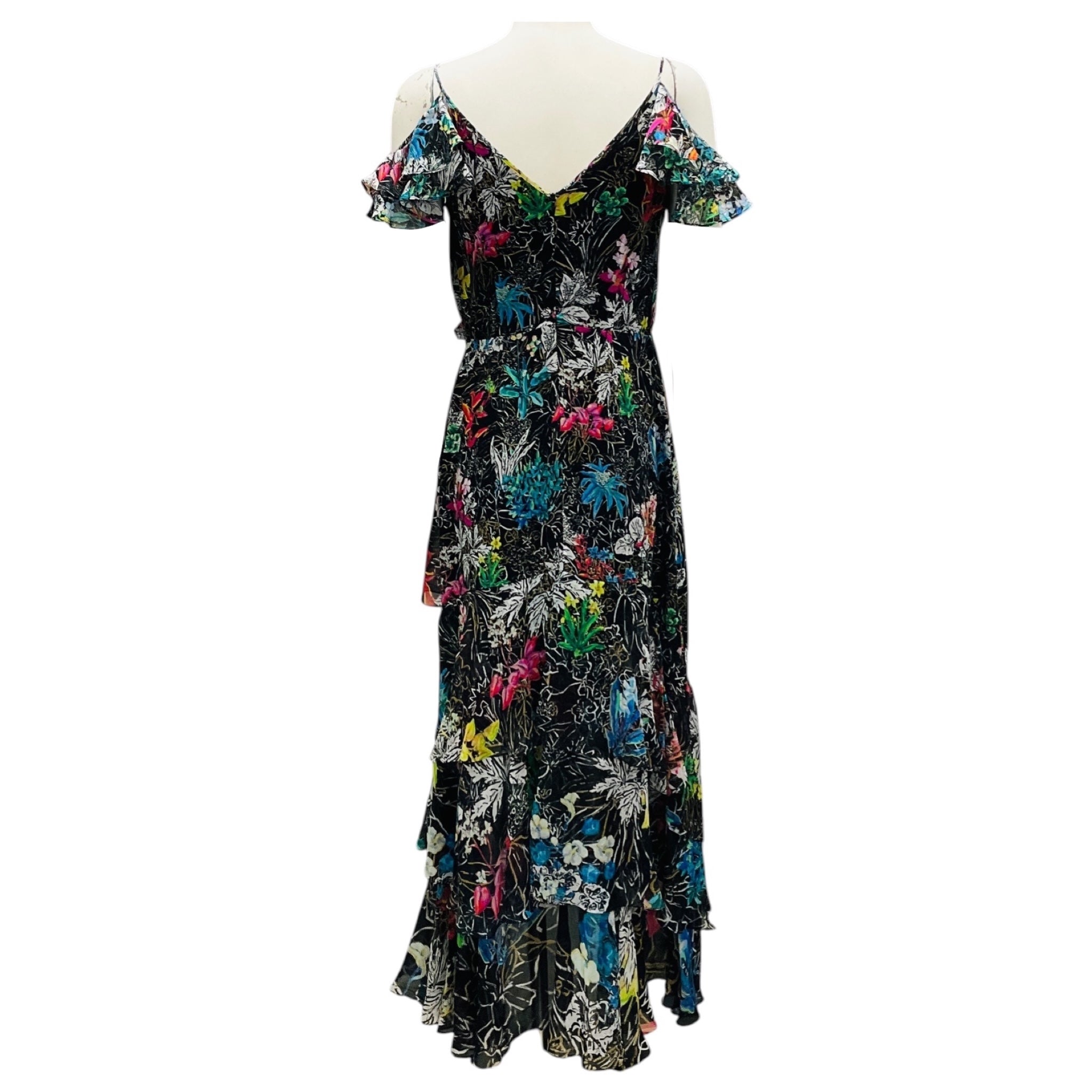 Peter Pilotto Black Multi Floral Printed Cold Shoulder Silk Chiffon Maxi Dress