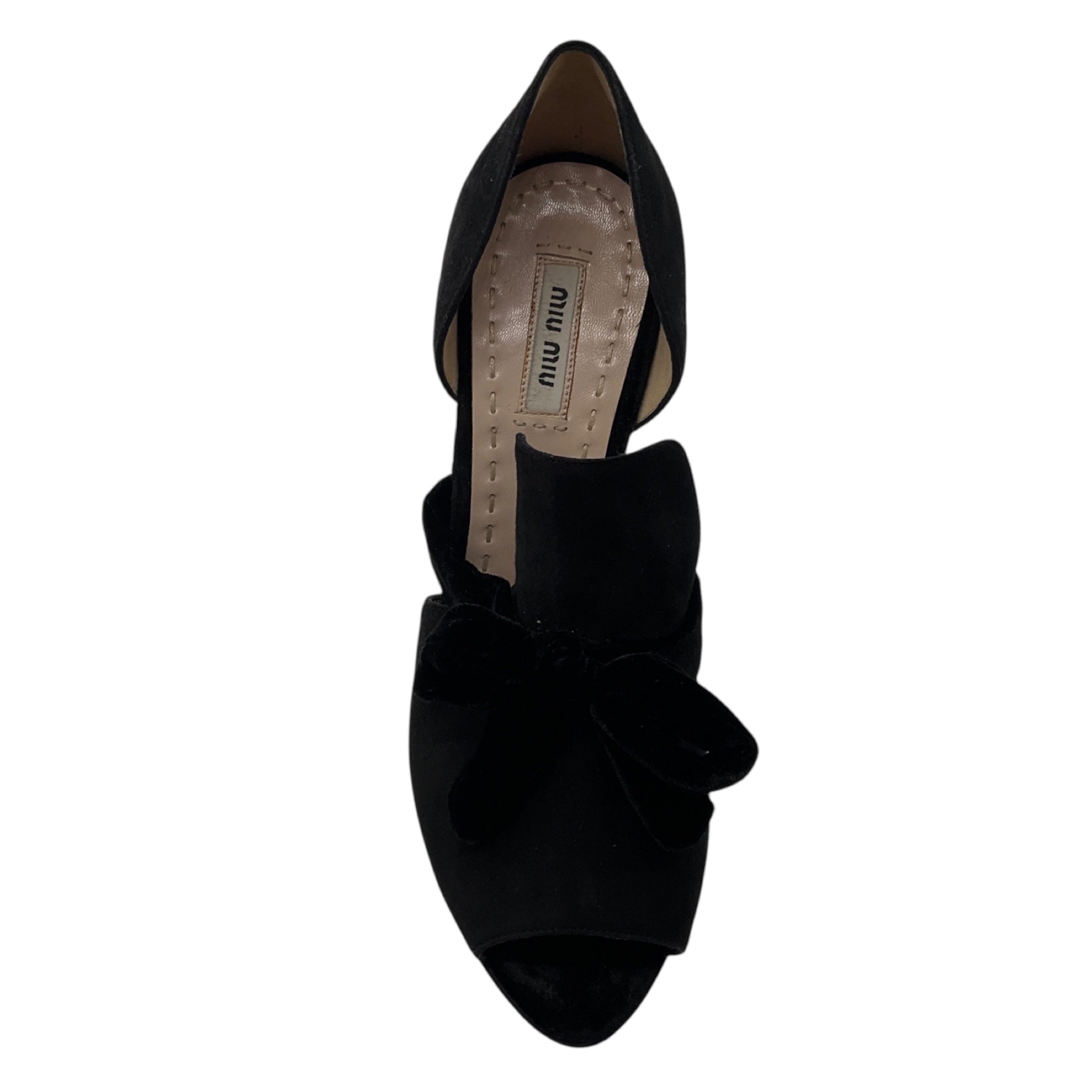 Miu Miu Black Open Toe Suede Heels with Velvet Bow