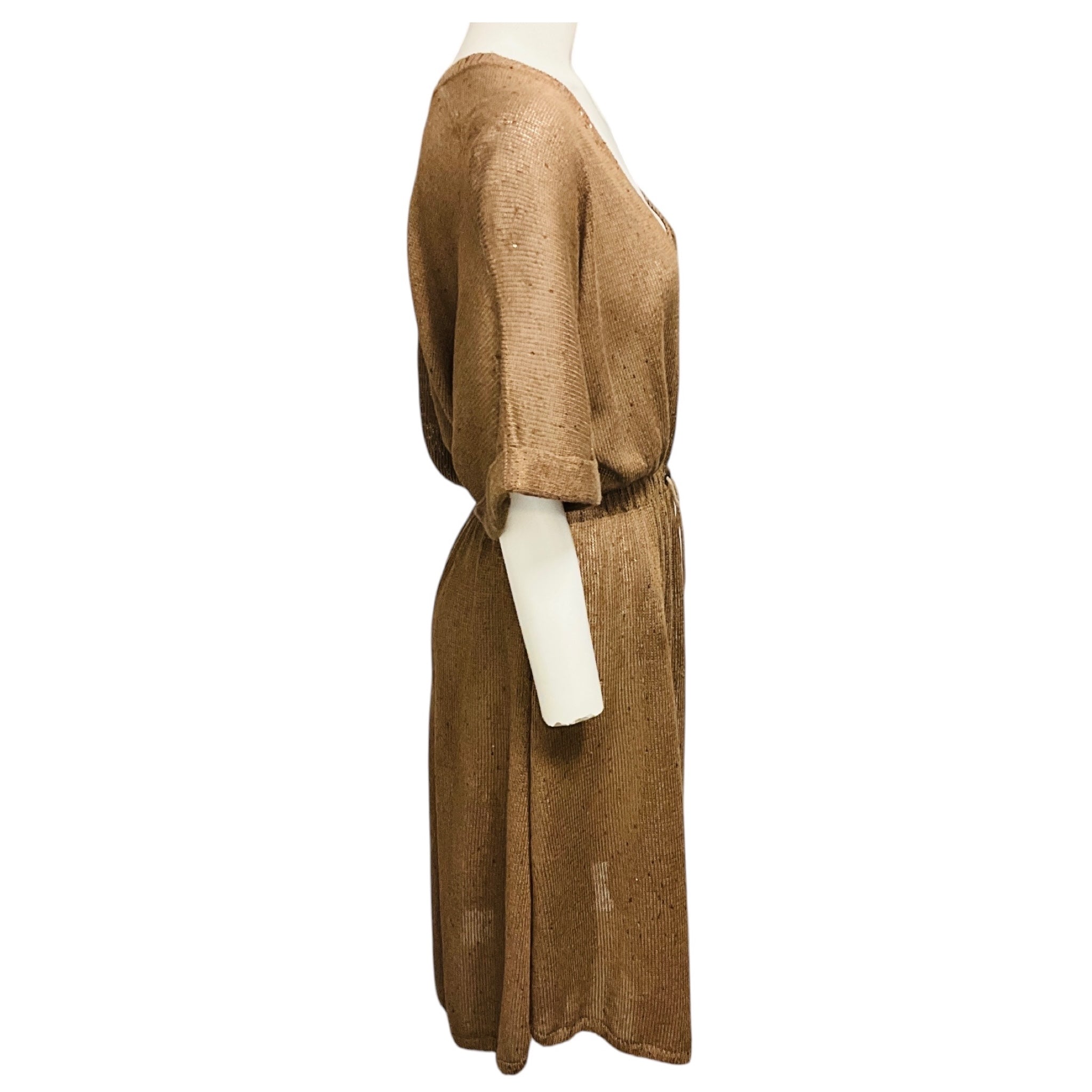 Brunello Cucinelli Taupe Sequined Linen and Silk Knit Dress with Slip