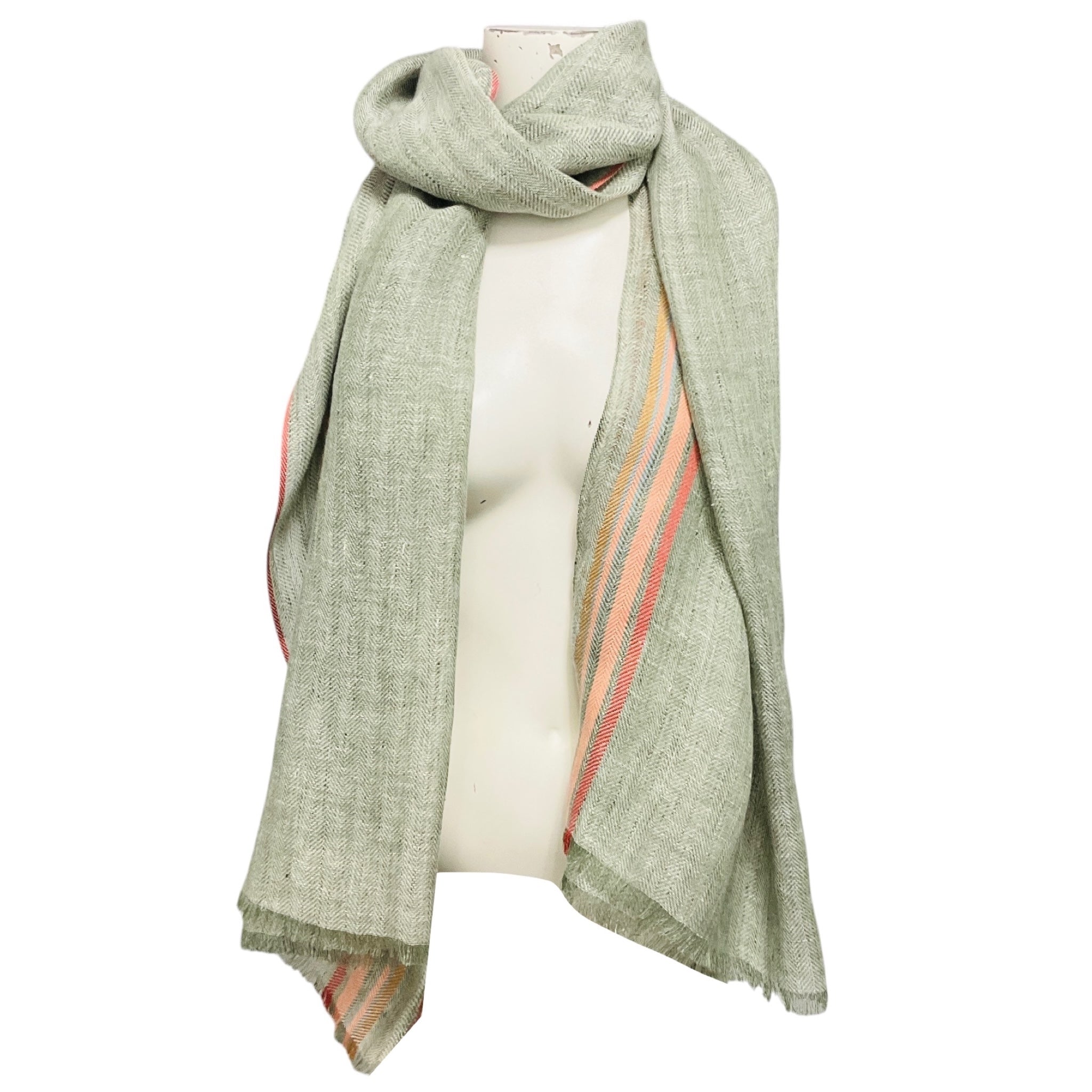 Loro Piana Green / Coral Fringed Flax and Silk Large Scarf