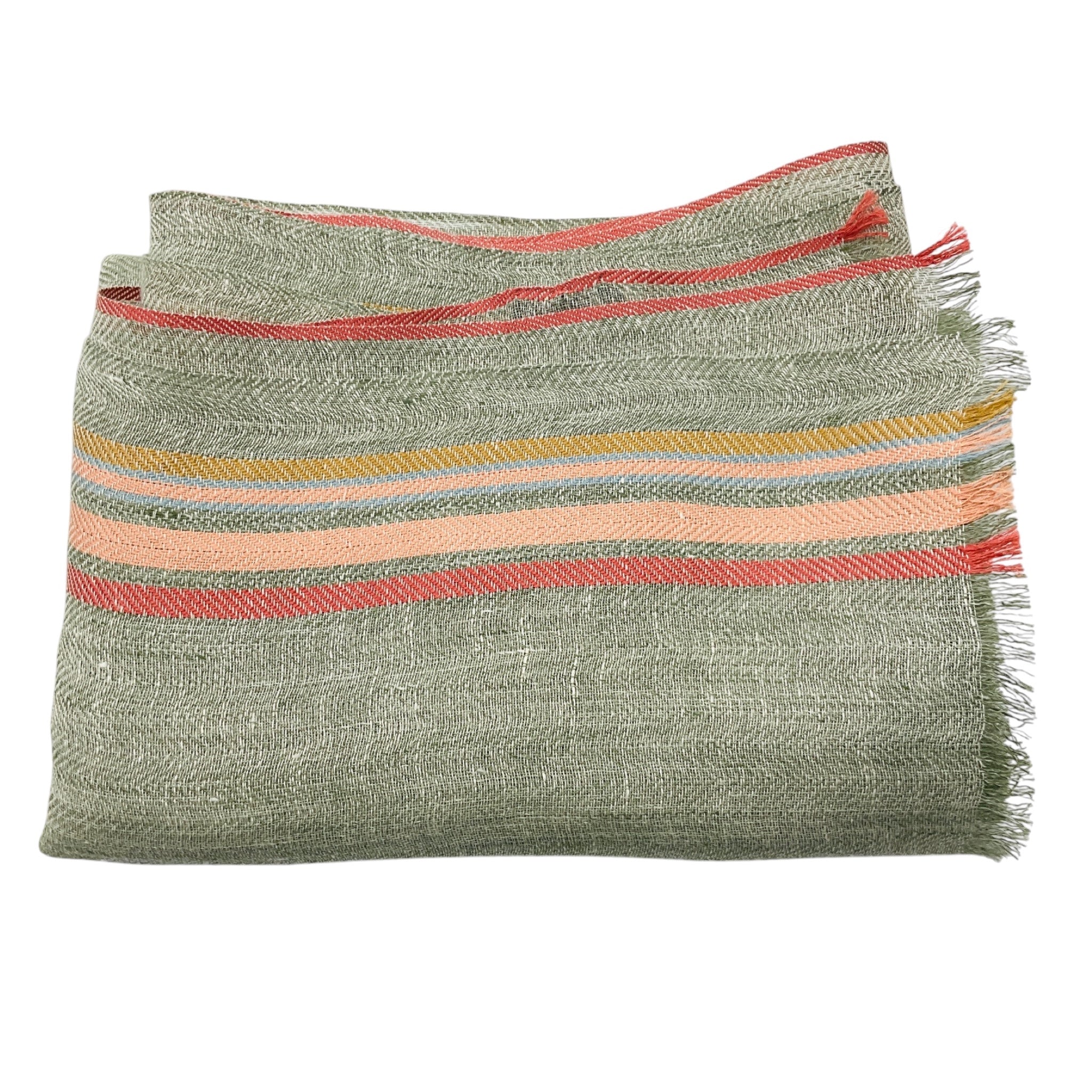 Loro Piana Green / Coral Fringed Flax and Silk Large Scarf